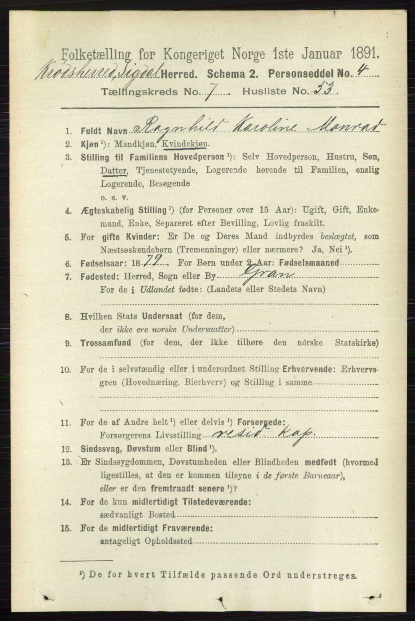 RA, 1891 census for 0621 Sigdal, 1891, p. 7360