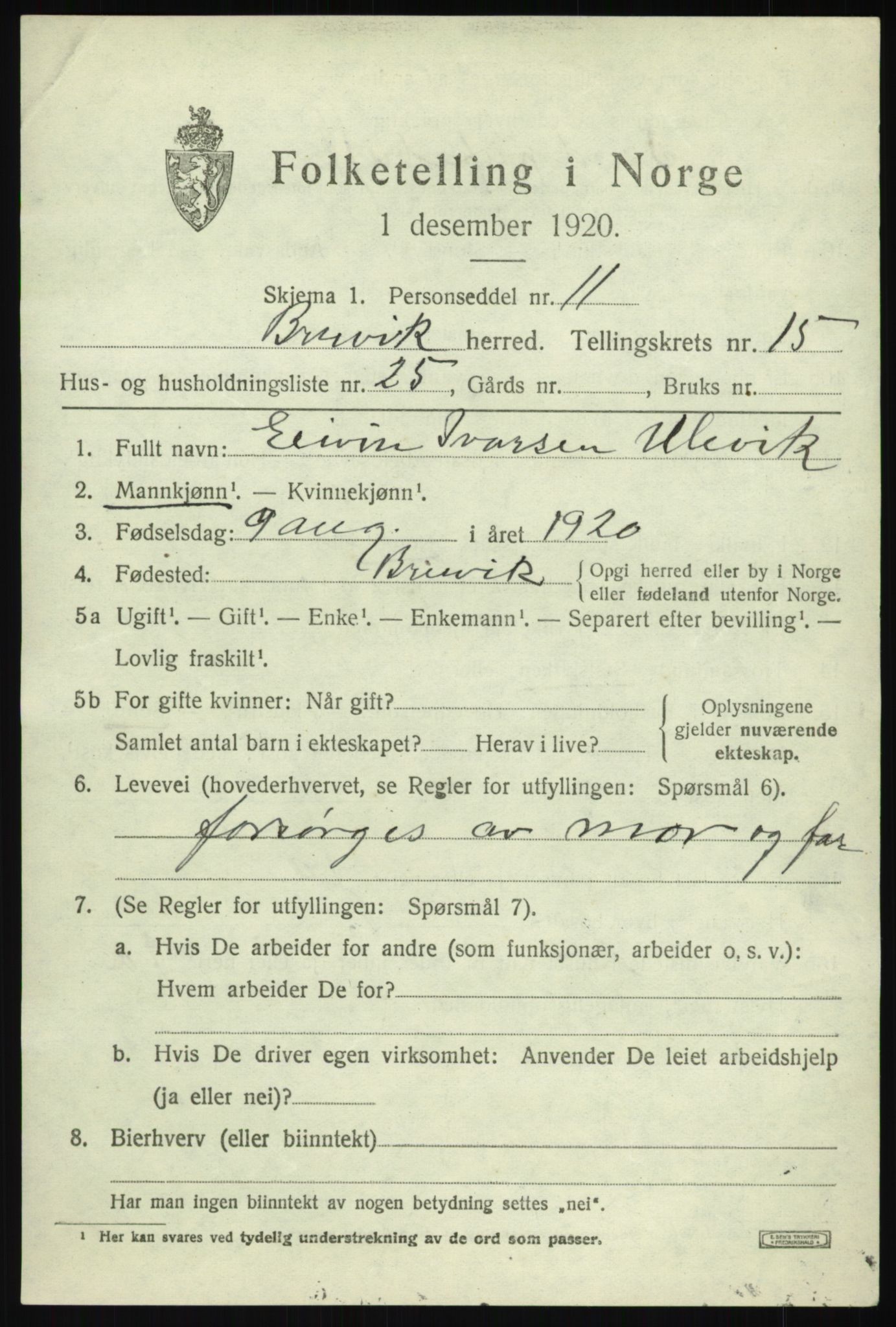 SAB, 1920 census for Bruvik, 1920, p. 9520