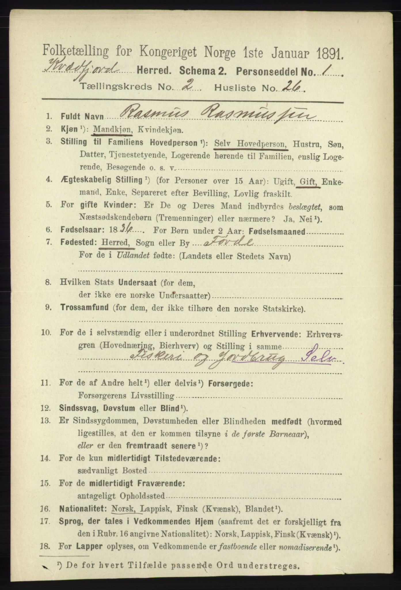 RA, 1891 census for 1911 Kvæfjord, 1891, p. 882