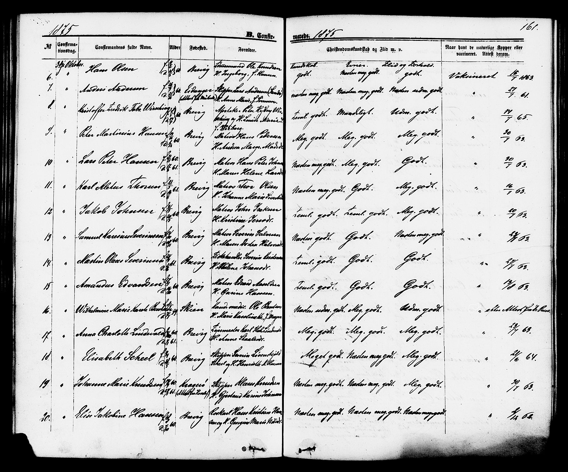 Brevik kirkebøker, SAKO/A-255/F/Fa/L0006: Parish register (official) no. 6, 1866-1881, p. 161