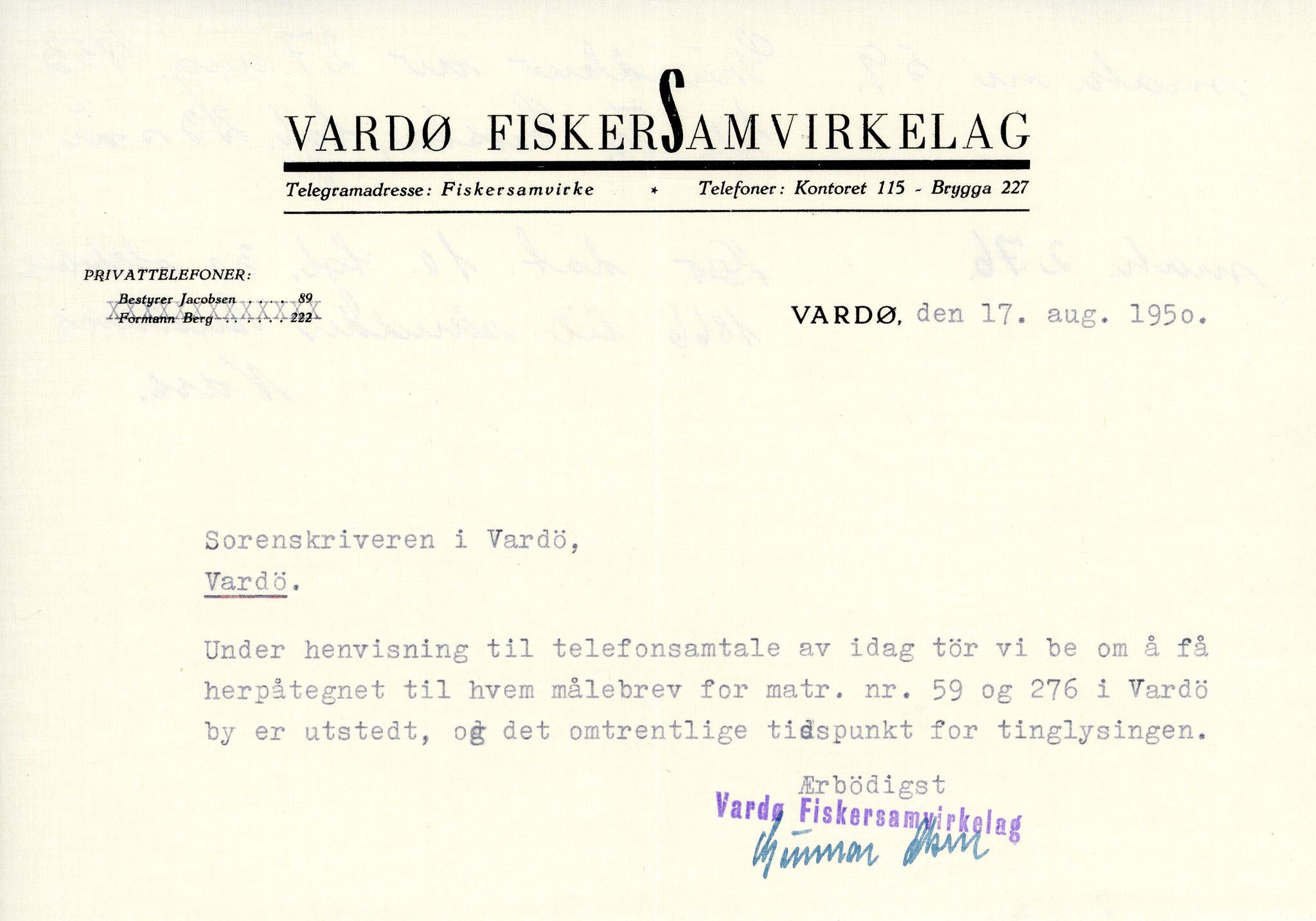 Vardø Fiskersamvirkelag, VAMU/A-0037/D/Da/L0006: Korrespondanse Re-St, 1947-1951