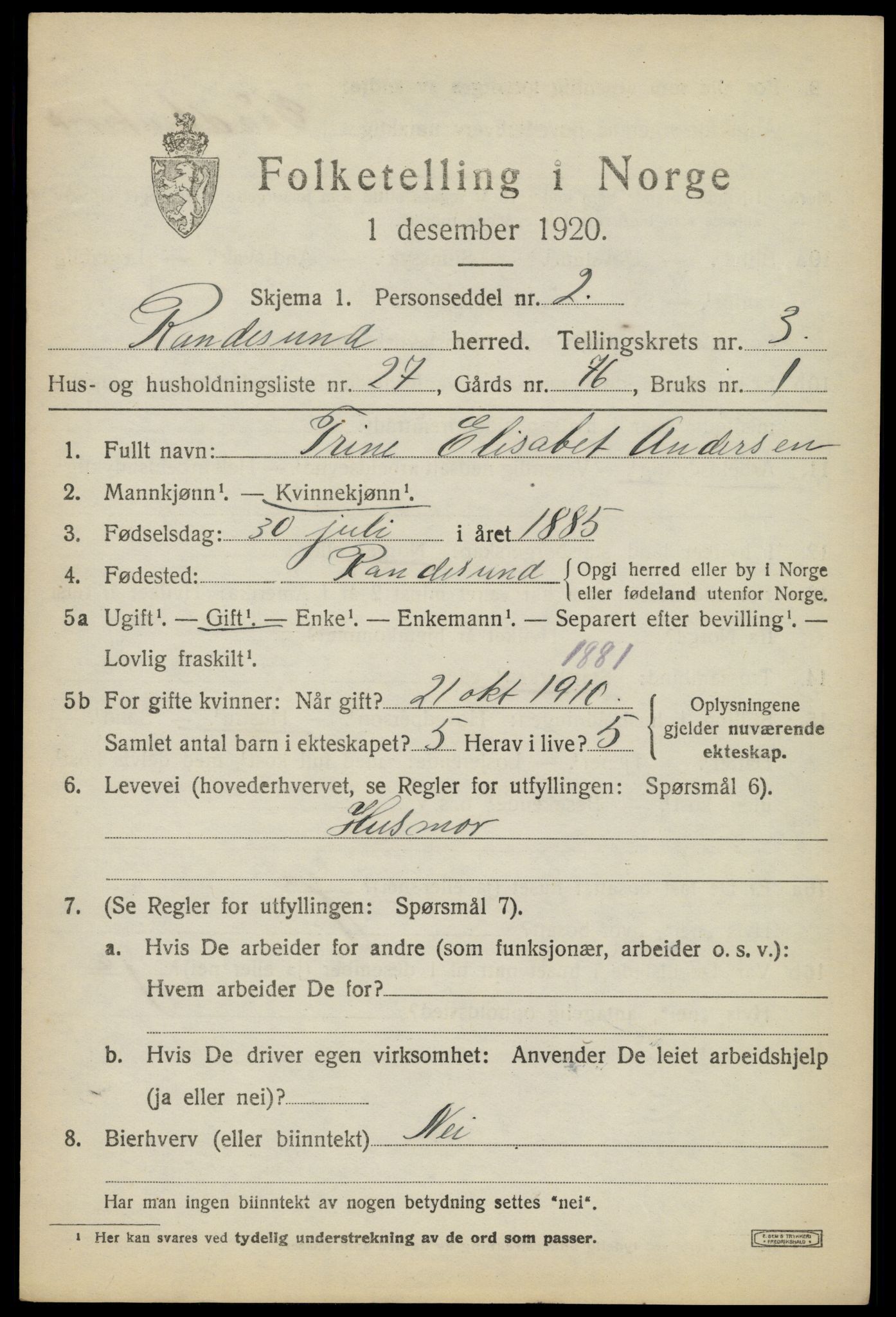 SAK, 1920 census for Randesund, 1920, p. 1760