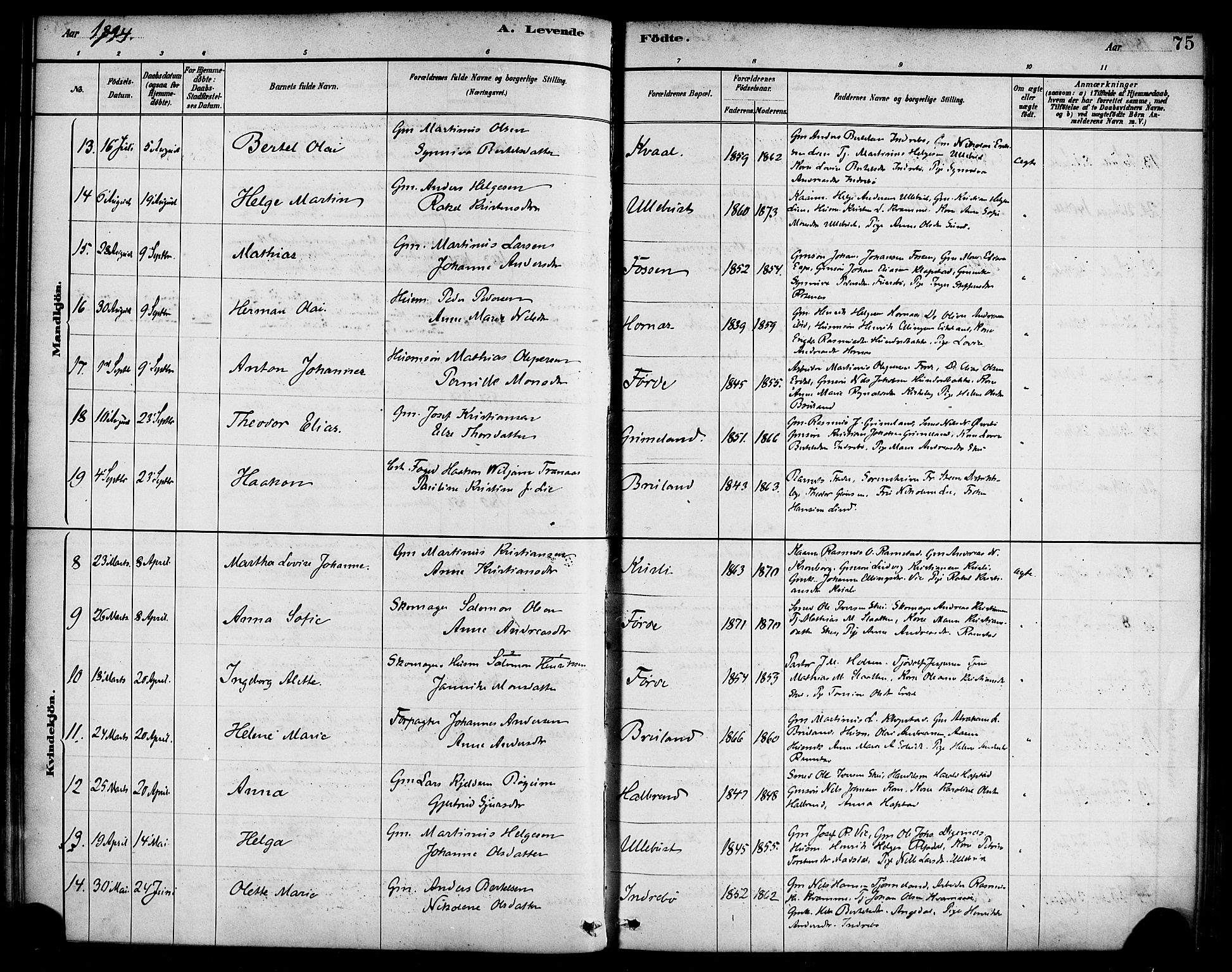 Førde sokneprestembete, AV/SAB-A-79901/H/Haa/Haab/L0001: Parish register (official) no. B 1, 1880-1898, p. 75