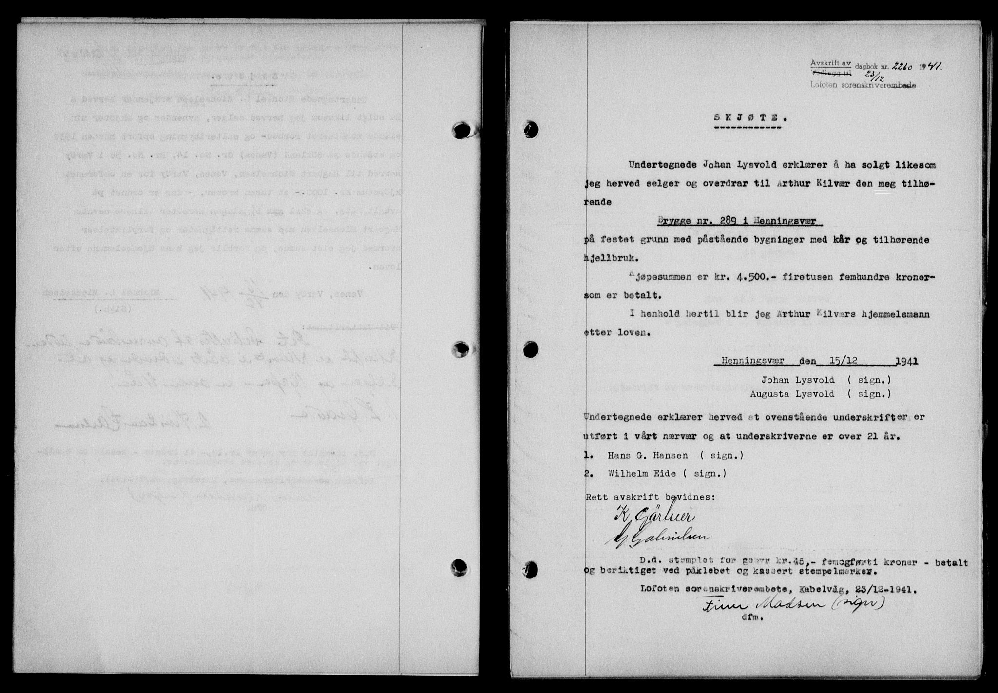 Lofoten sorenskriveri, SAT/A-0017/1/2/2C/L0009a: Mortgage book no. 9a, 1941-1942, Diary no: : 2260/1941