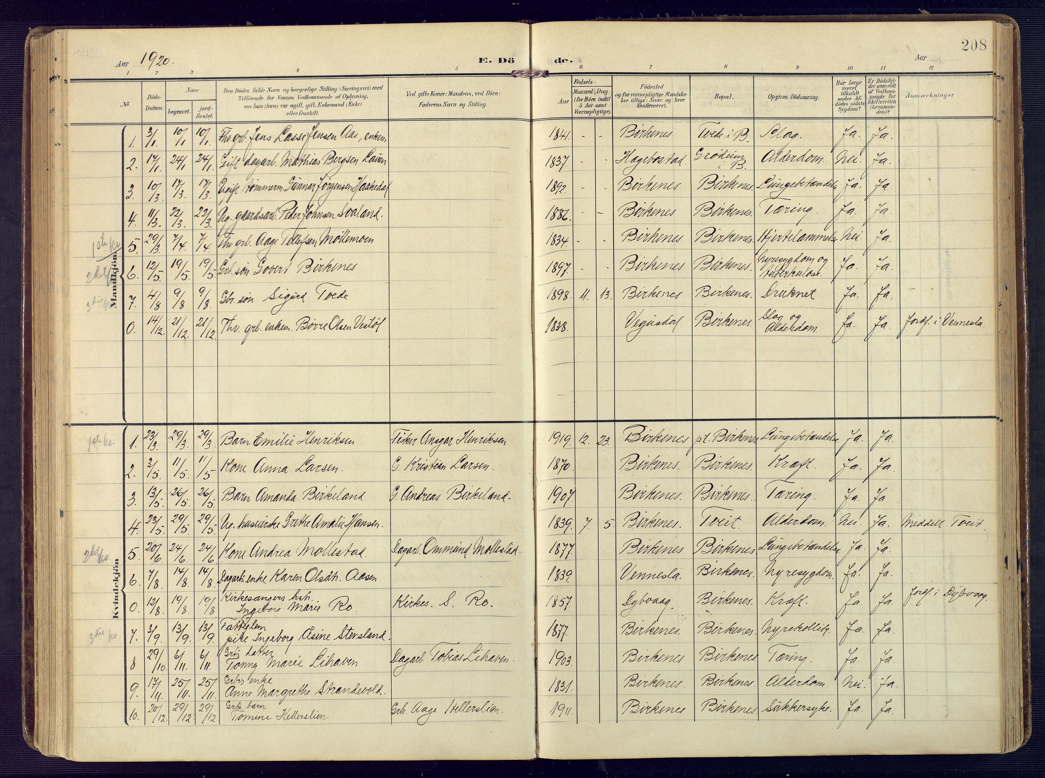Birkenes sokneprestkontor, SAK/1111-0004/F/Fa/L0006: Parish register (official) no. A 6, 1908-1932, p. 208
