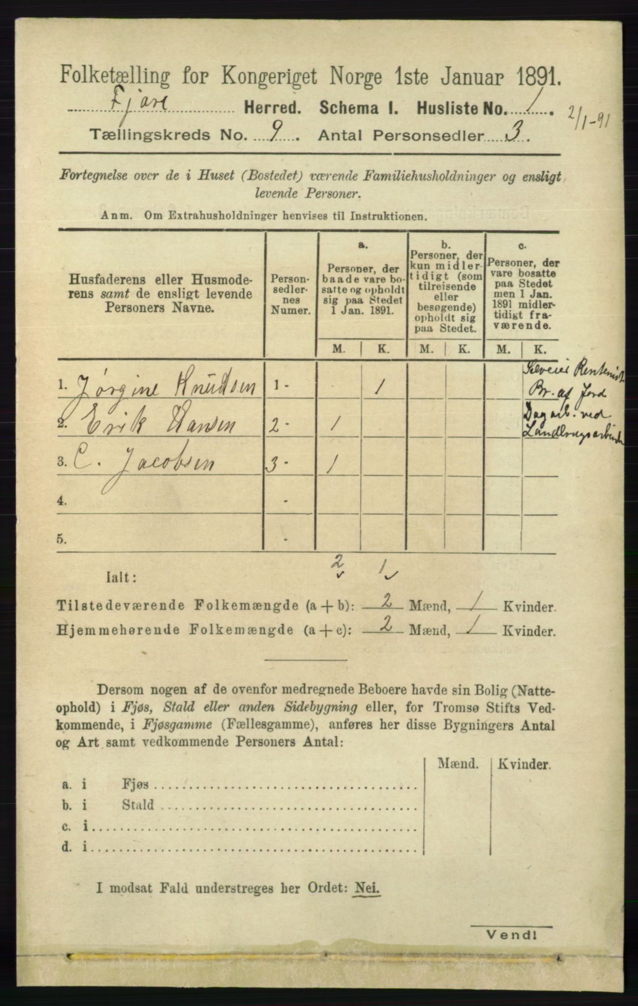 RA, 1891 census for 0923 Fjære, 1891, p. 4098