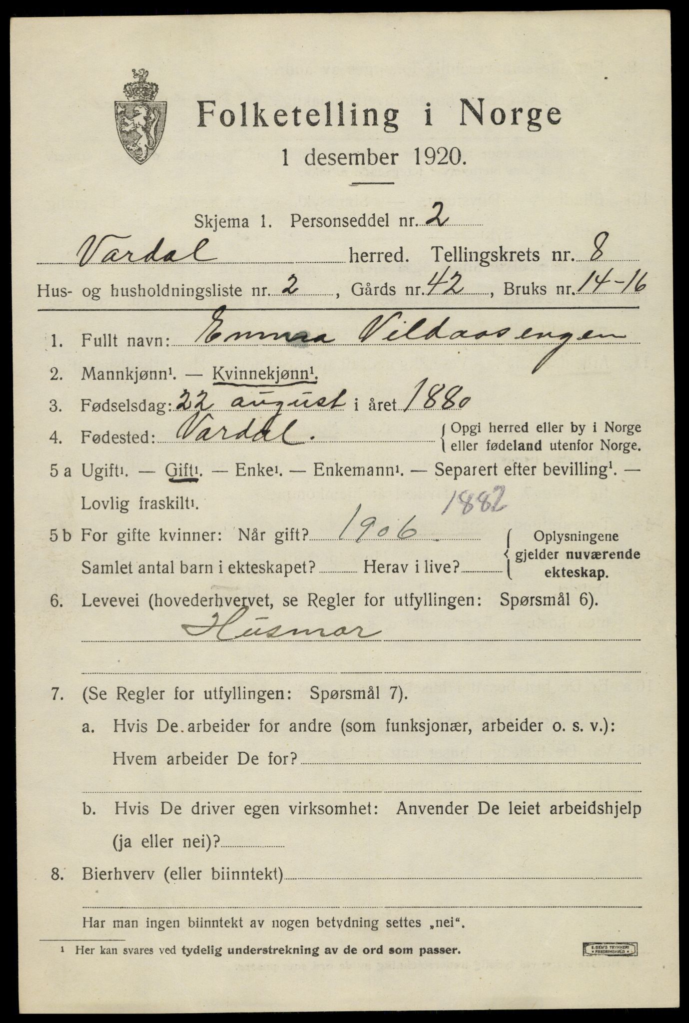 SAH, 1920 census for Vardal, 1920, p. 5733