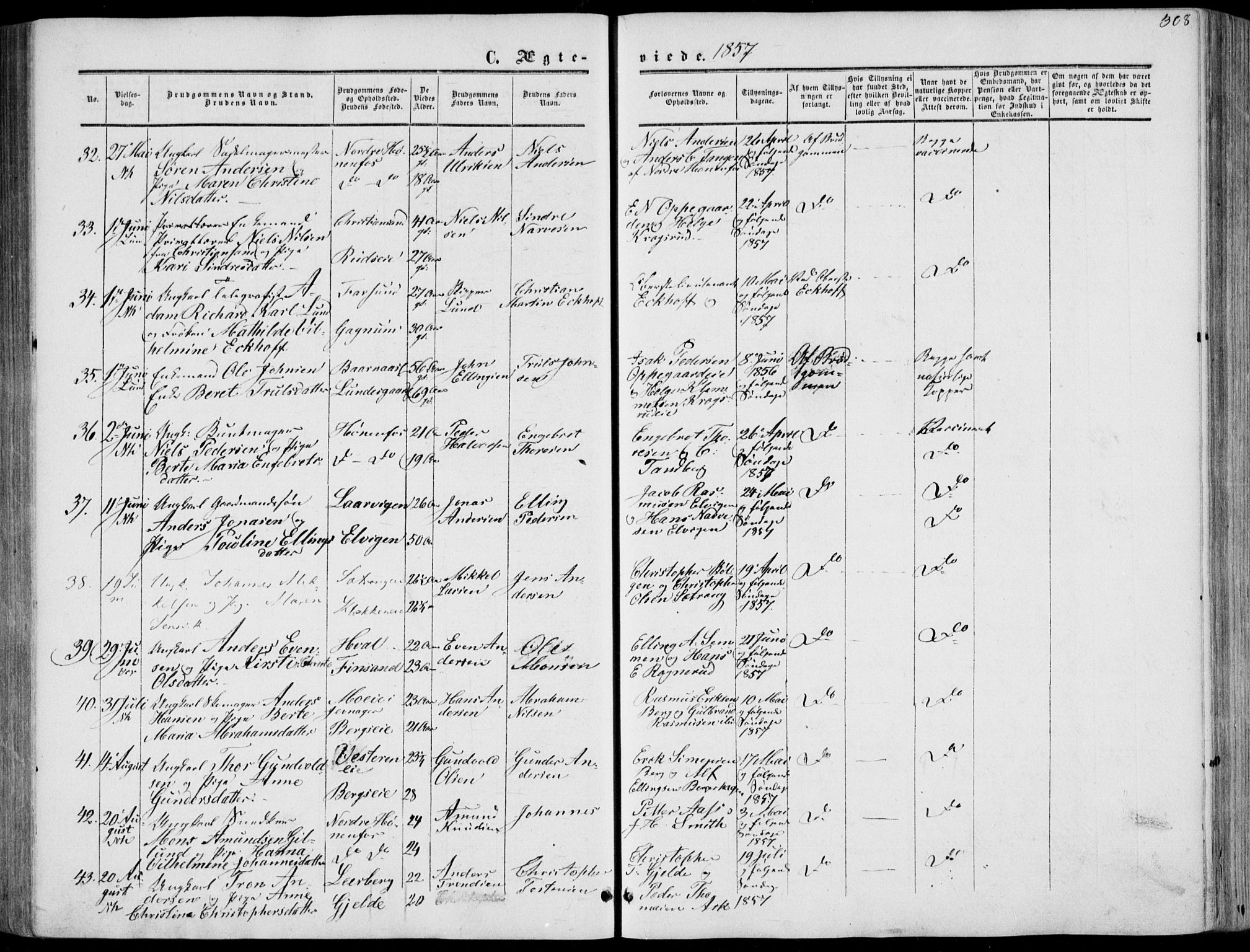 Norderhov kirkebøker, AV/SAKO-A-237/F/Fa/L0012: Parish register (official) no. 12, 1856-1865, p. 308