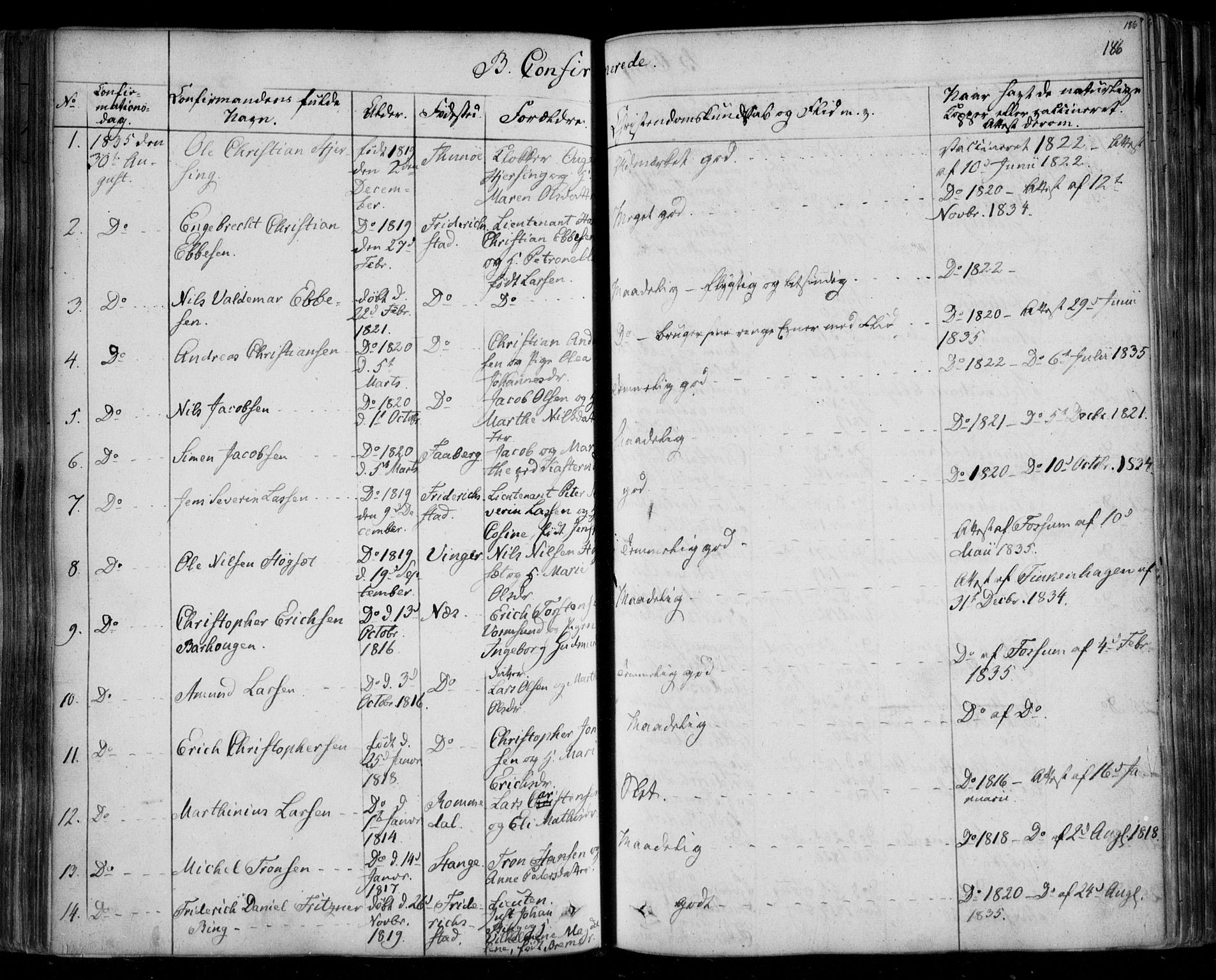 Fredrikstad prestekontor Kirkebøker, SAO/A-11082/F/Fa/L0005: Parish register (official) no. 5, 1835-1856, p. 186
