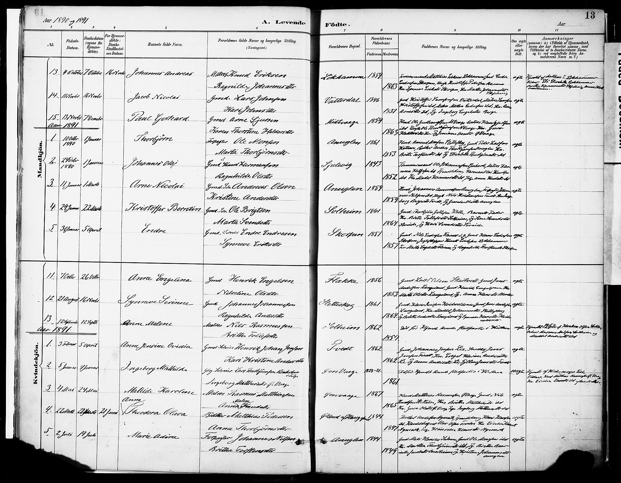 Tysnes sokneprestembete, SAB/A-78601/H/Haa: Parish register (official) no. C 1, 1887-1912, p. 13