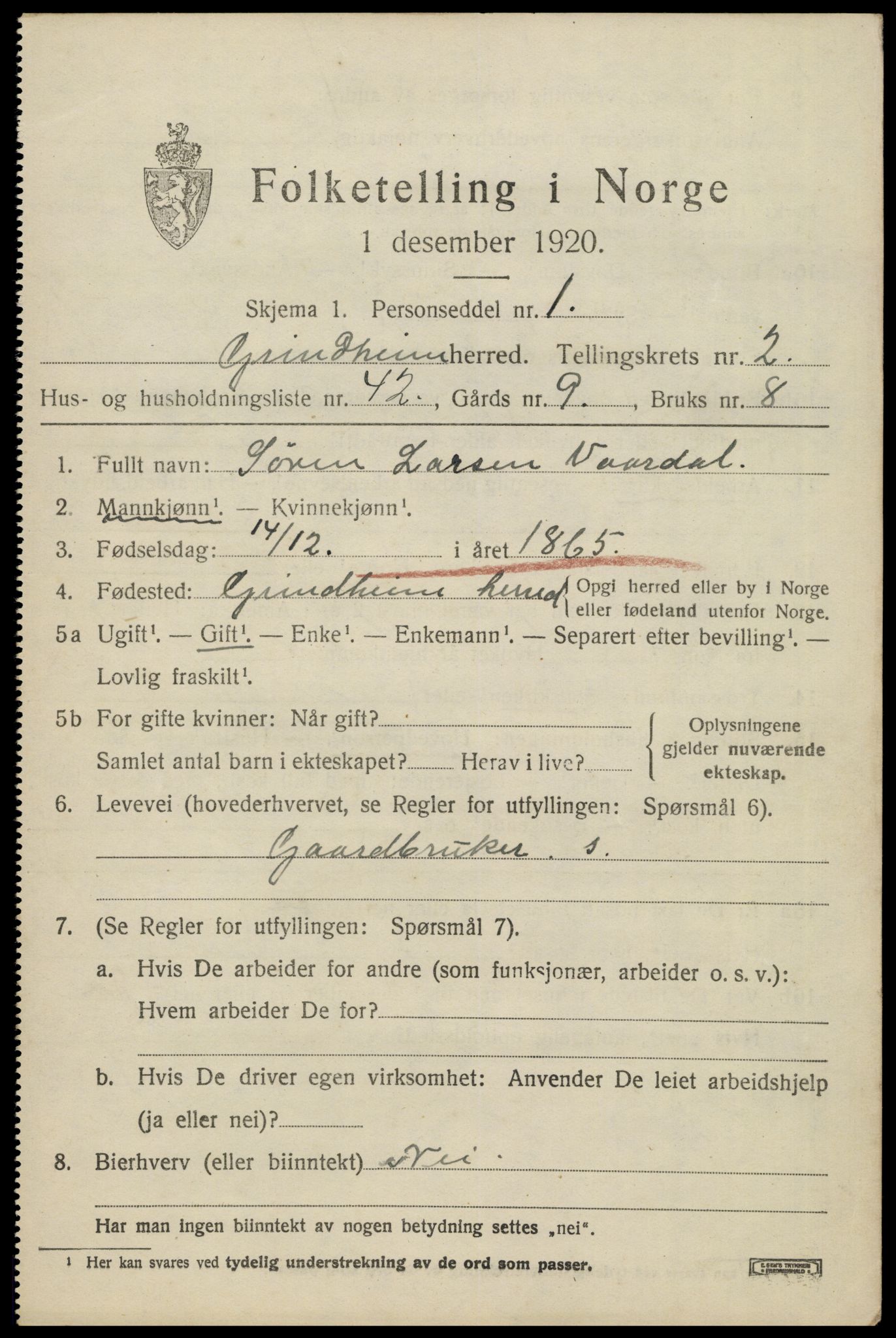 SAK, 1920 census for Grindheim, 1920, p. 869