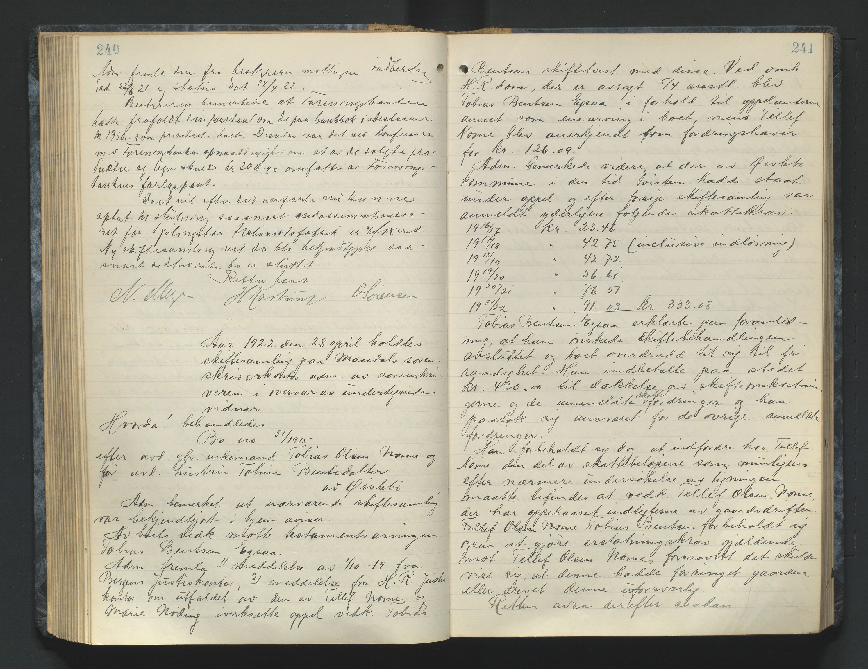 Mandal sorenskriveri, AV/SAK-1221-0005/001/H/Hc/L0084: Skifteforhandlingsprotokoll nr 16, 1921-1924, p. 240-241