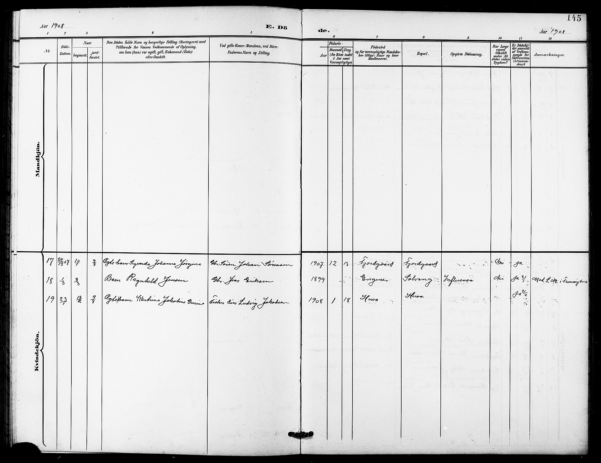 Lenvik sokneprestembete, AV/SATØ-S-1310/H/Ha/Hab/L0022klokker: Parish register (copy) no. 22, 1901-1918, p. 145