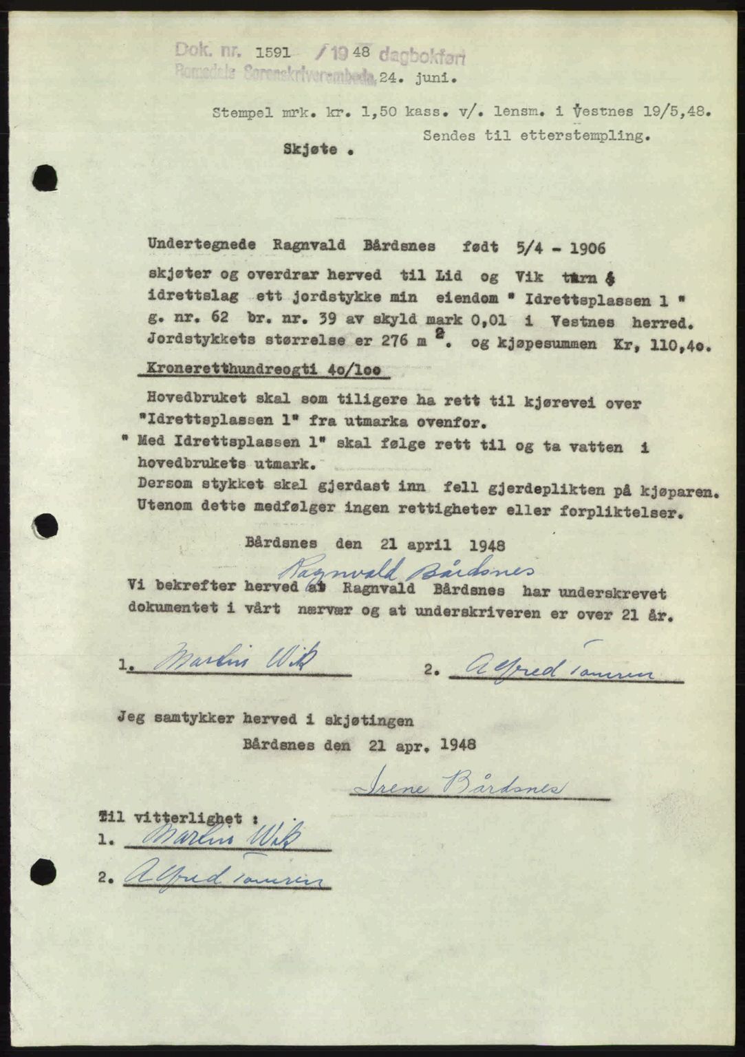 Romsdal sorenskriveri, AV/SAT-A-4149/1/2/2C: Mortgage book no. A26, 1948-1948, Diary no: : 1591/1948