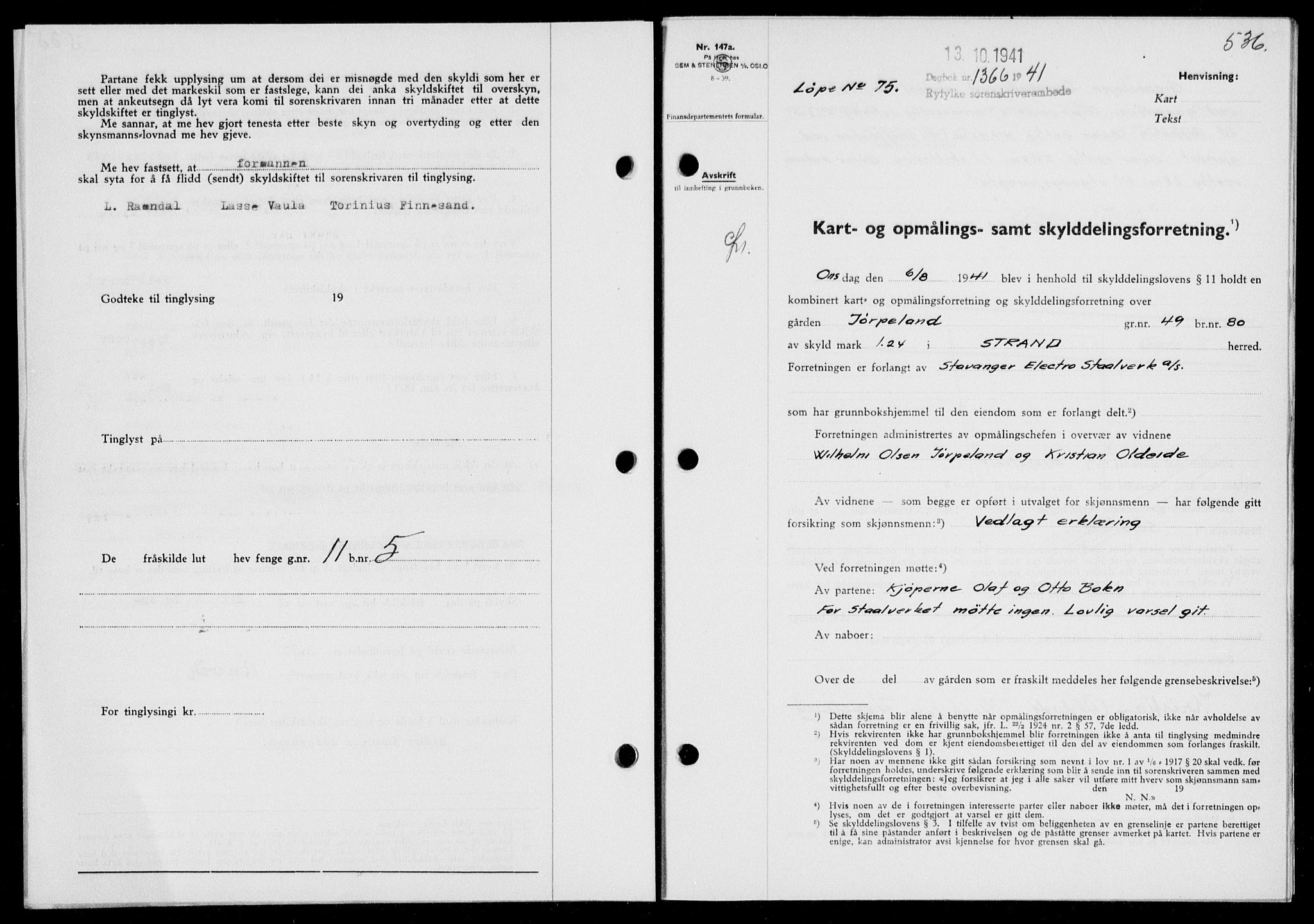 Ryfylke tingrett, AV/SAST-A-100055/001/II/IIB/L0085: Mortgage book no. 64, 1941-1941, Diary no: : 1366/1941