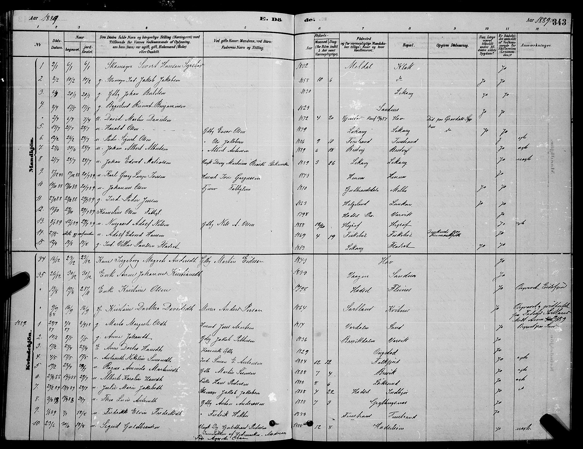 Ministerialprotokoller, klokkerbøker og fødselsregistre - Nordland, AV/SAT-A-1459/888/L1267: Parish register (copy) no. 888C05, 1878-1890, p. 343