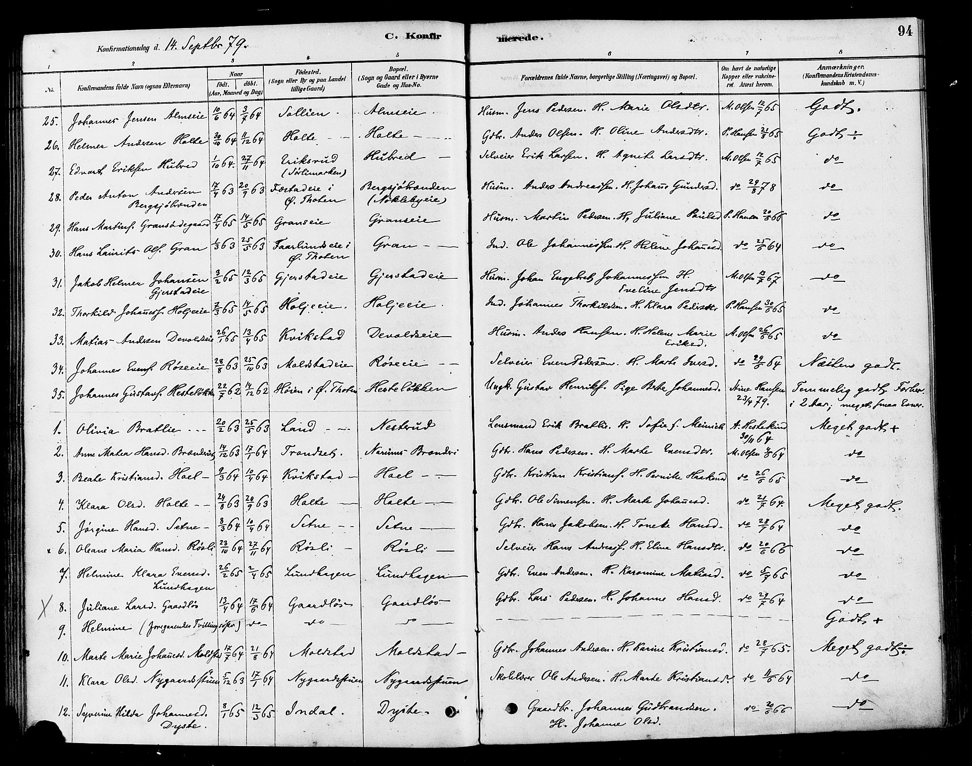 Vestre Toten prestekontor, SAH/PREST-108/H/Ha/Haa/L0010: Parish register (official) no. 10, 1878-1894, p. 94