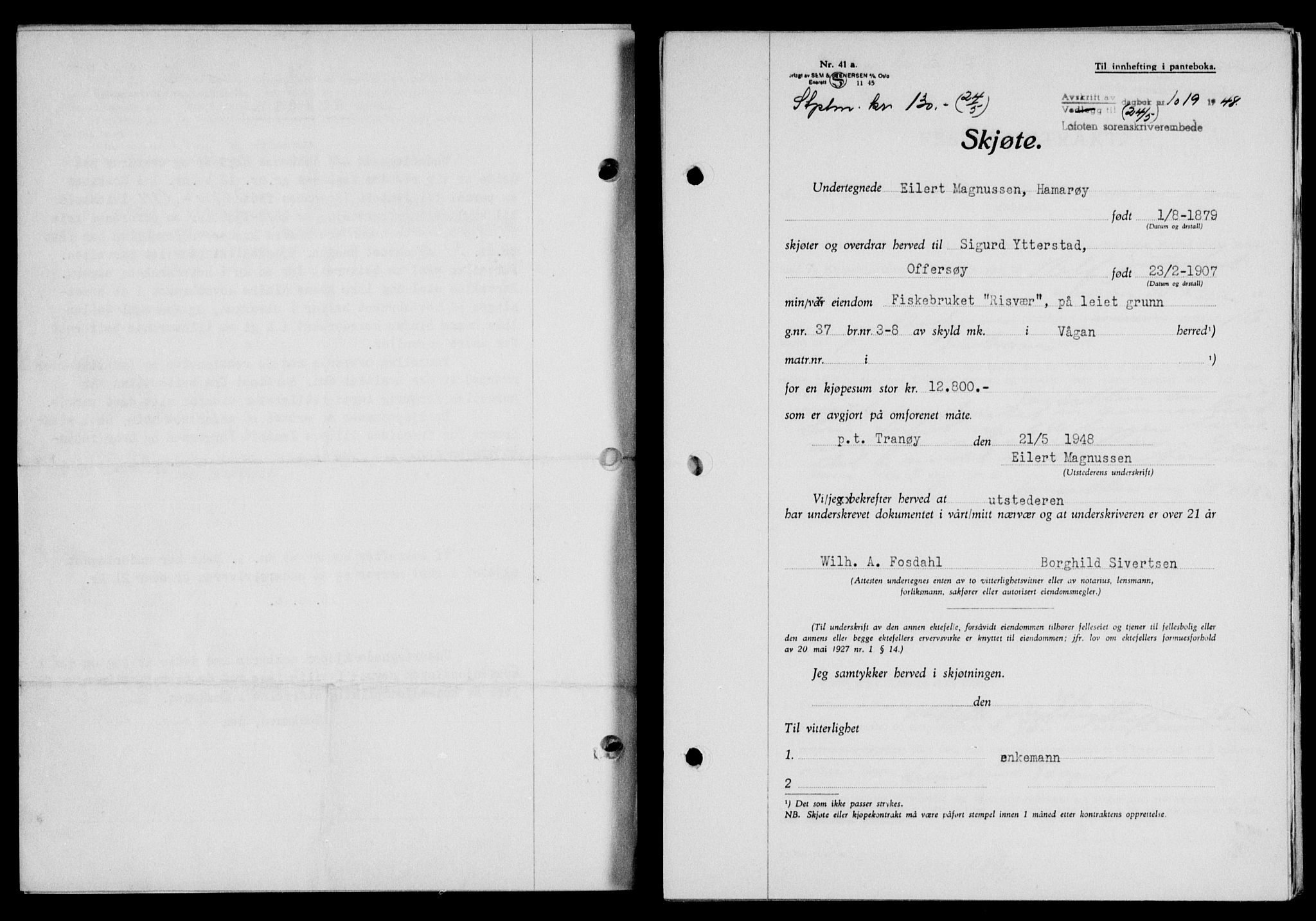 Lofoten sorenskriveri, SAT/A-0017/1/2/2C/L0018a: Mortgage book no. 18a, 1948-1948, Diary no: : 1019/1948