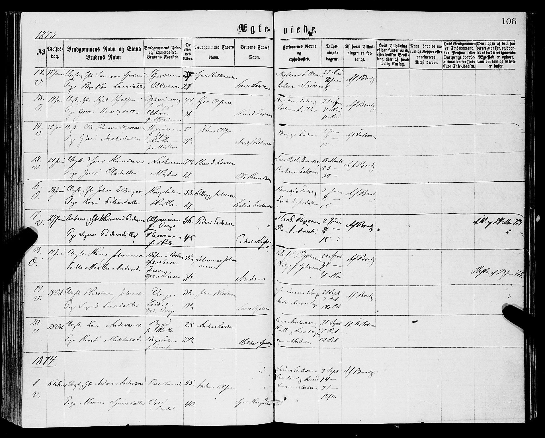 Vossestrand Sokneprestembete, SAB/A-79101/H/Haa: Parish register (official) no. A 1, 1866-1877, p. 106