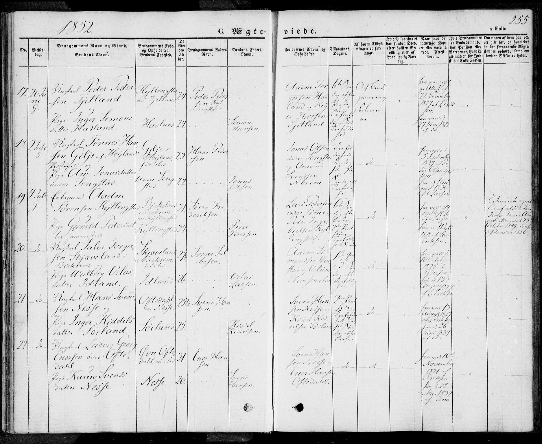 Lye sokneprestkontor, SAST/A-101794/001/30BA/L0006: Parish register (official) no. A 5.2, 1842-1855, p. 255