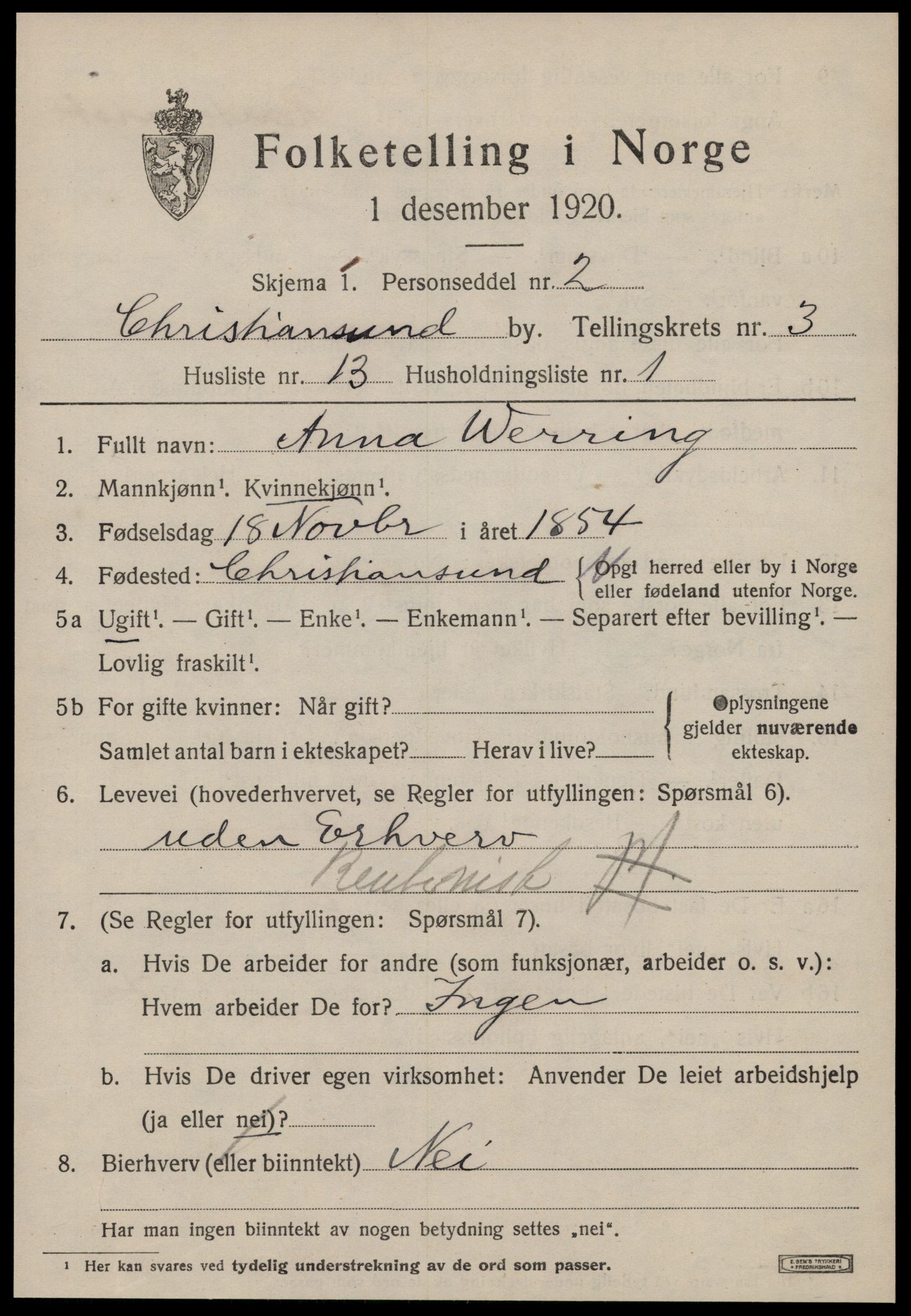 SAT, 1920 census for Kristiansund, 1920, p. 14077