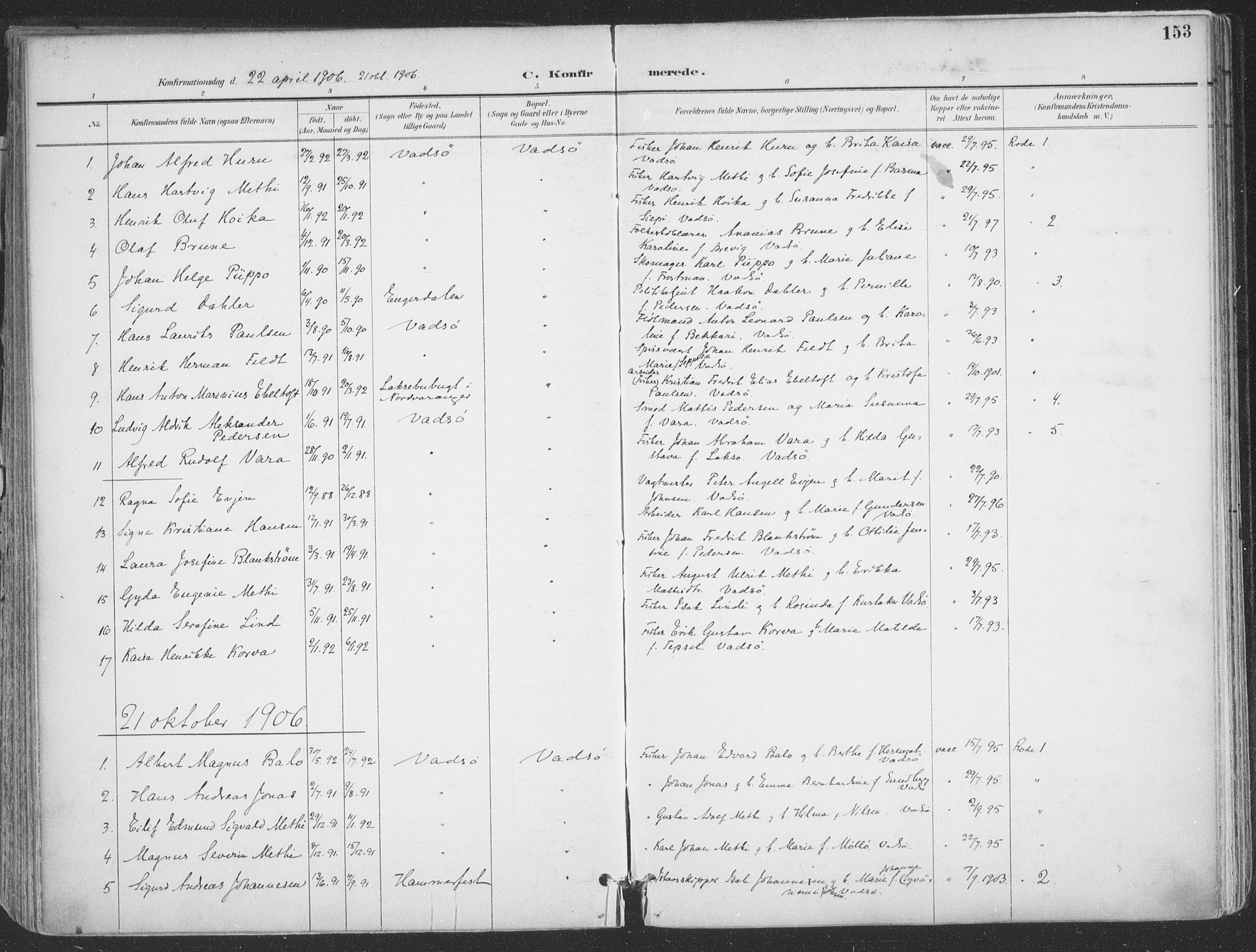 Vadsø sokneprestkontor, SATØ/S-1325/H/Ha/L0007kirke: Parish register (official) no. 7, 1896-1916, p. 153