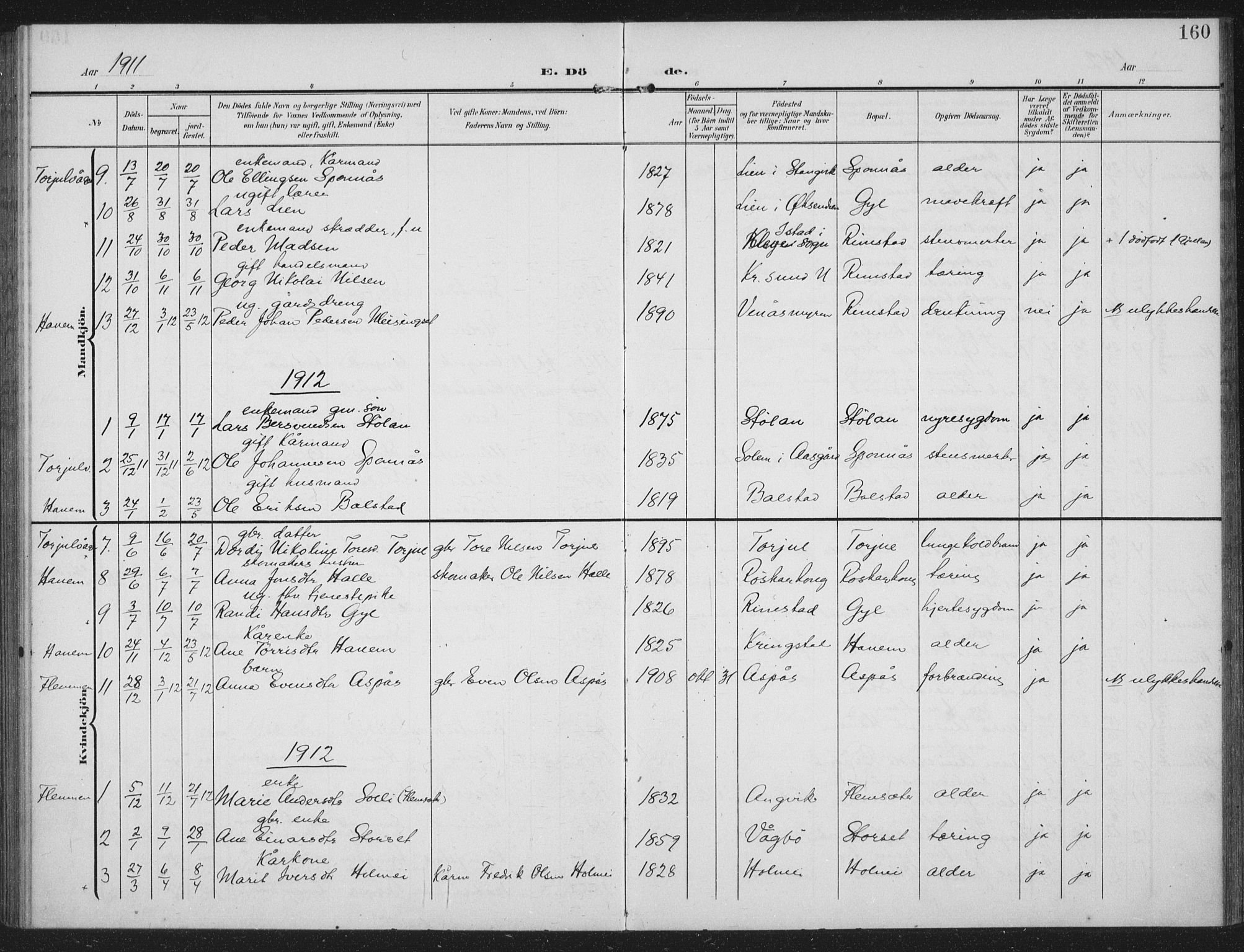 Ministerialprotokoller, klokkerbøker og fødselsregistre - Møre og Romsdal, AV/SAT-A-1454/586/L0989: Parish register (official) no. 586A15, 1906-1915, p. 160