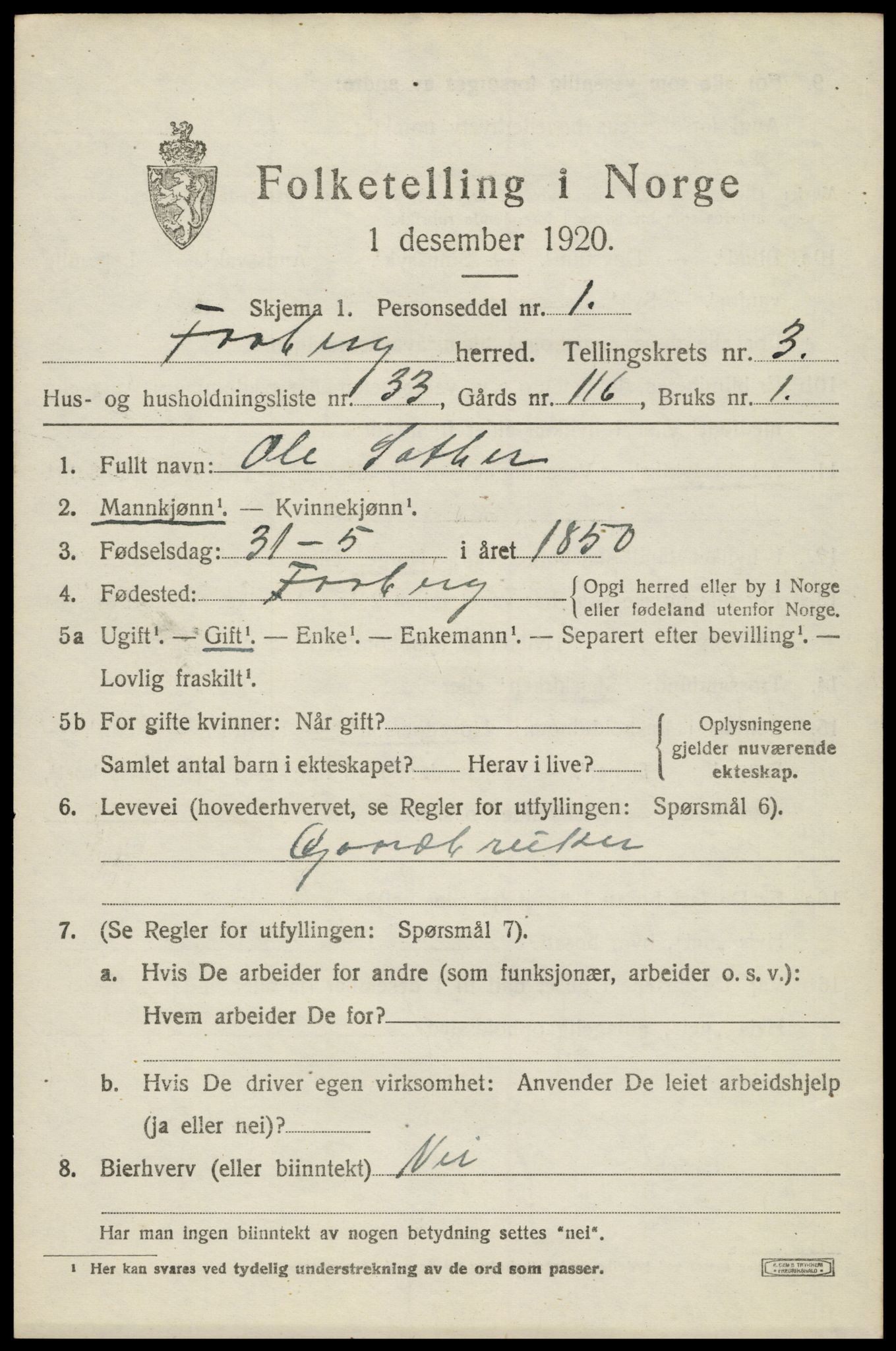 SAH, 1920 census for Fåberg, 1920, p. 3892