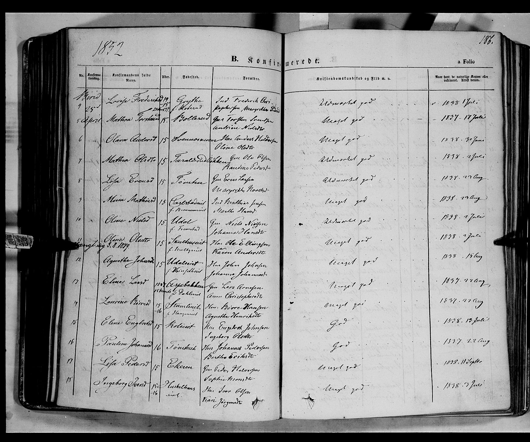 Biri prestekontor, AV/SAH-PREST-096/H/Ha/Haa/L0005: Parish register (official) no. 5, 1843-1854, p. 186