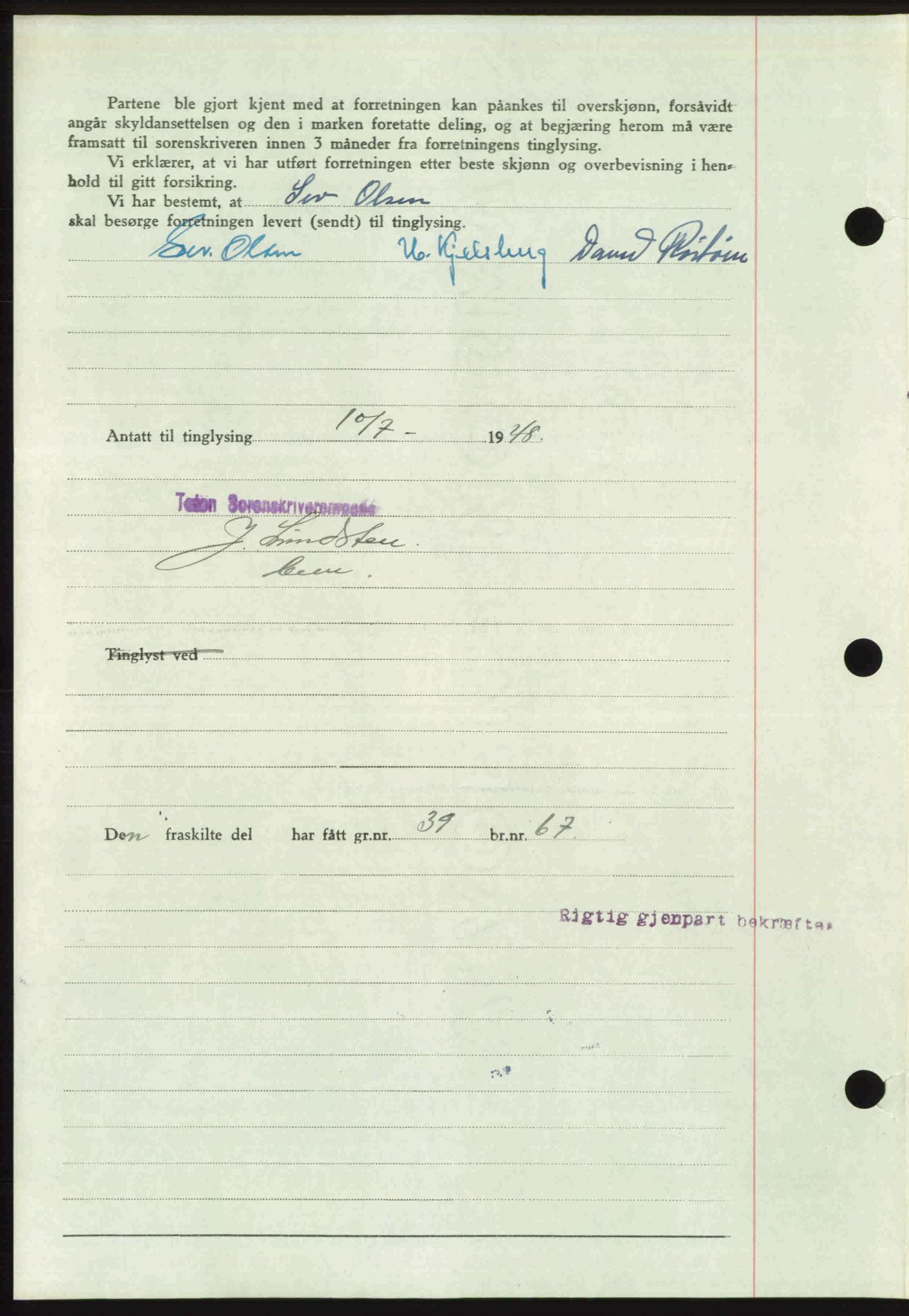 Toten tingrett, SAH/TING-006/H/Hb/Hbc/L0020: Mortgage book no. Hbc-20, 1948-1948, Diary no: : 2190/1948