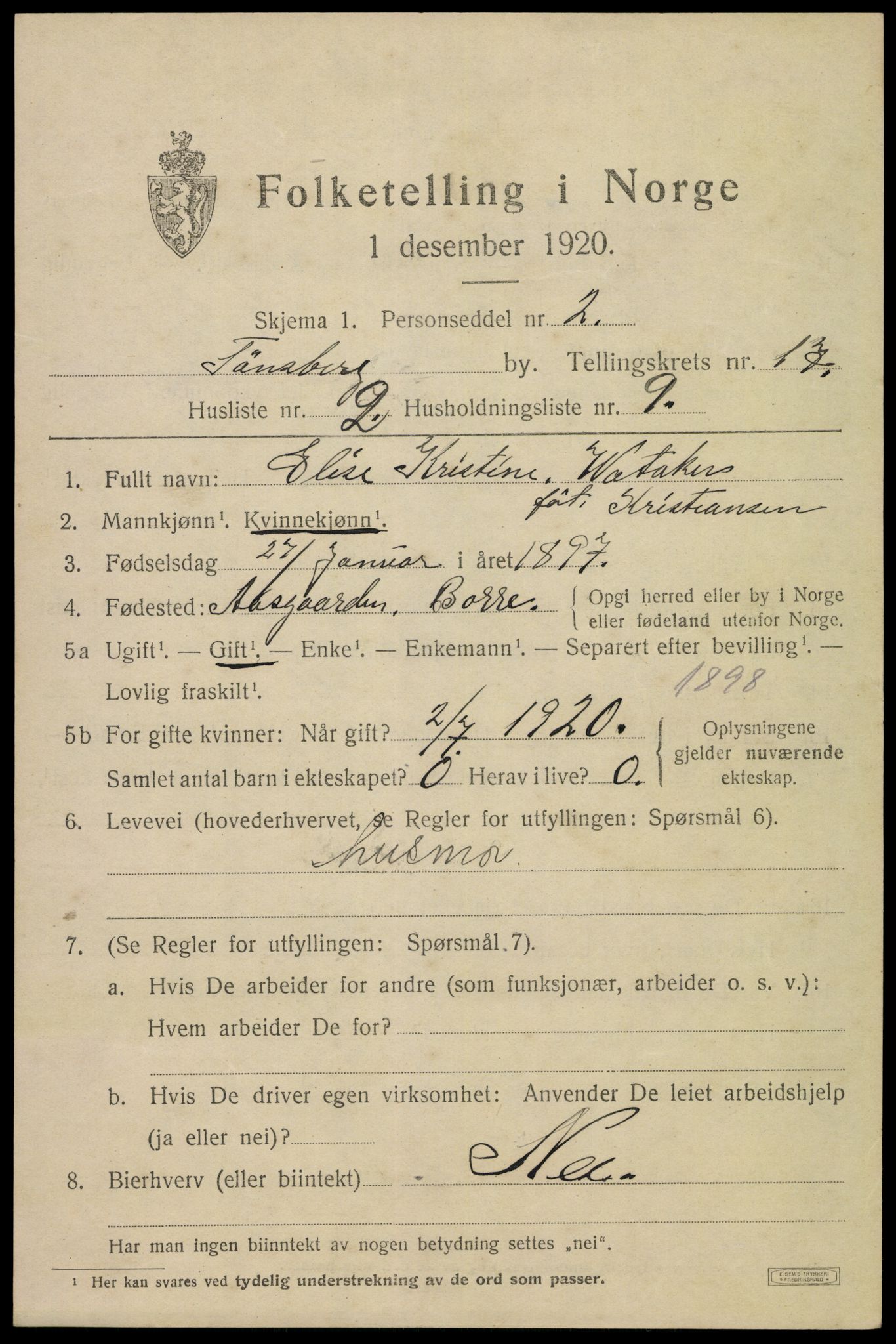 SAKO, 1920 census for Tønsberg, 1920, p. 25825