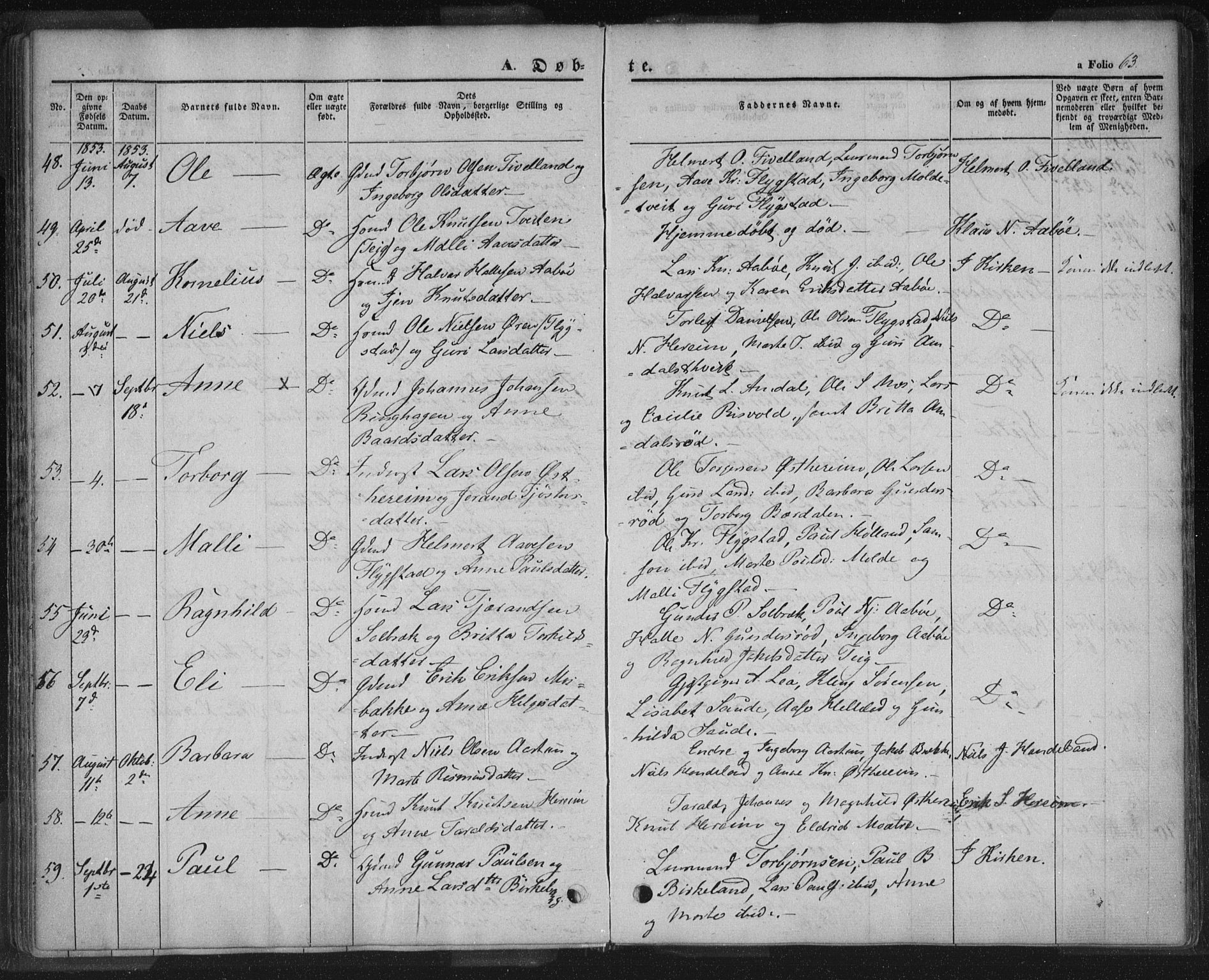 Sand sokneprestkontor, AV/SAST-A-101848/01/III/L0002: Parish register (official) no. A 2, 1838-1859, p. 63