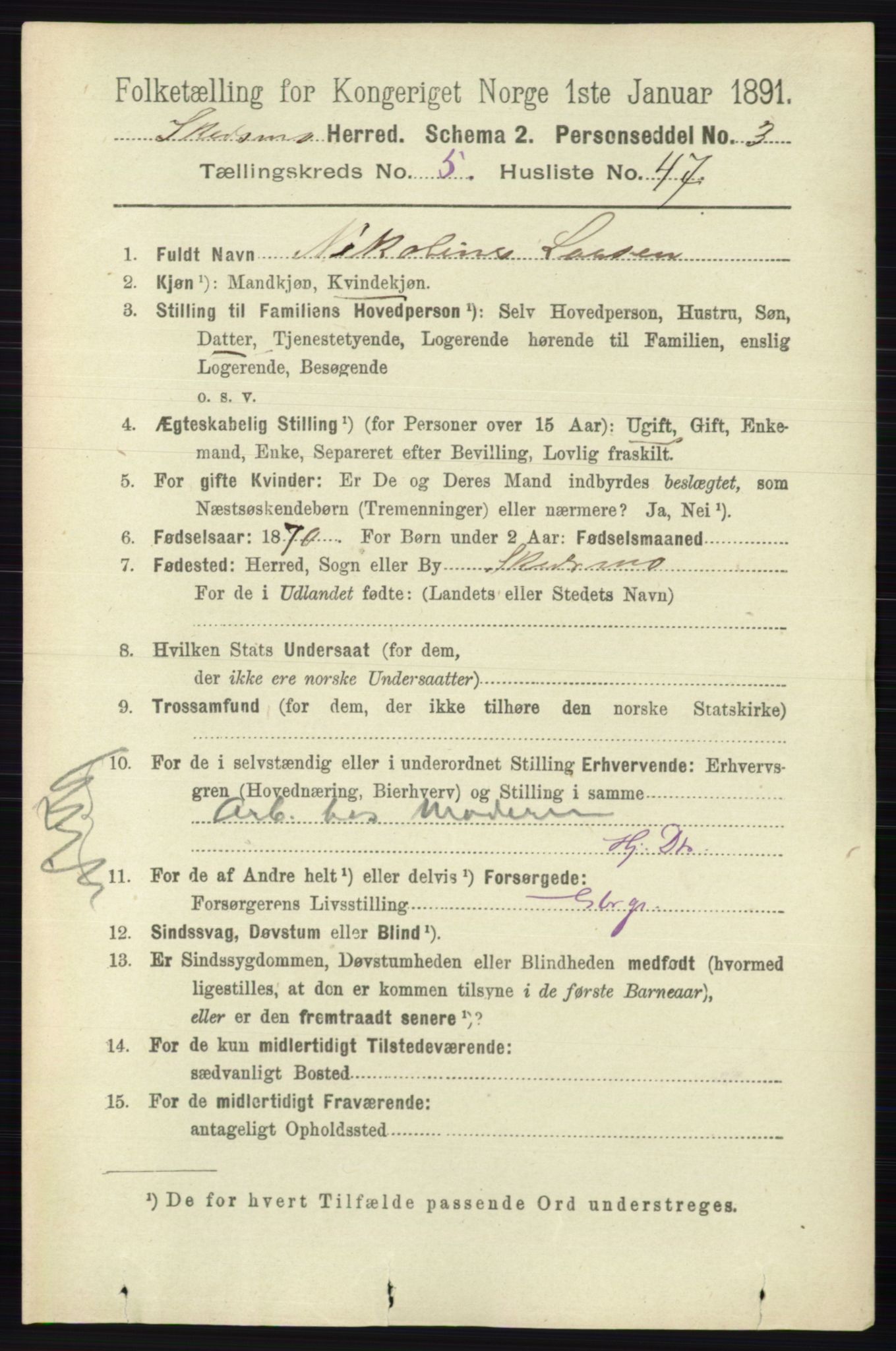 RA, 1891 census for 0231 Skedsmo, 1891, p. 2655