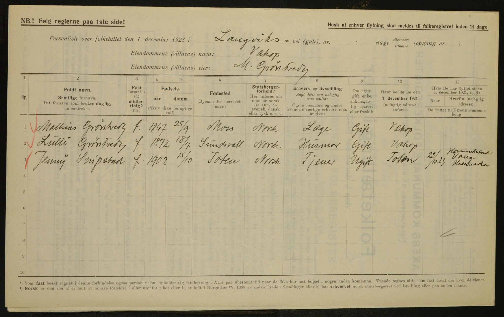 , Municipal Census 1923 for Aker, 1923, p. 3547