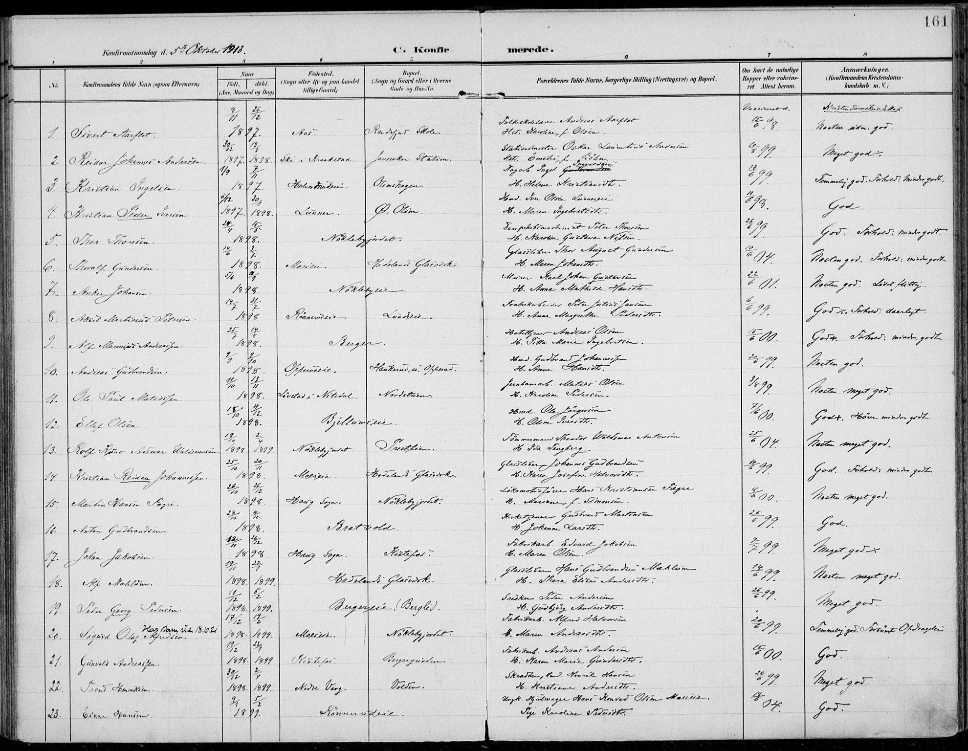 Jevnaker prestekontor, SAH/PREST-116/H/Ha/Haa/L0011: Parish register (official) no. 11, 1902-1913, p. 161