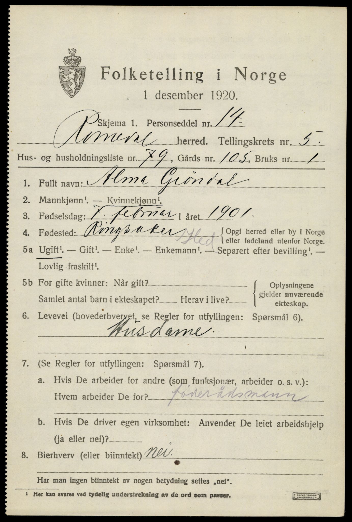 SAH, 1920 census for Romedal, 1920, p. 7771