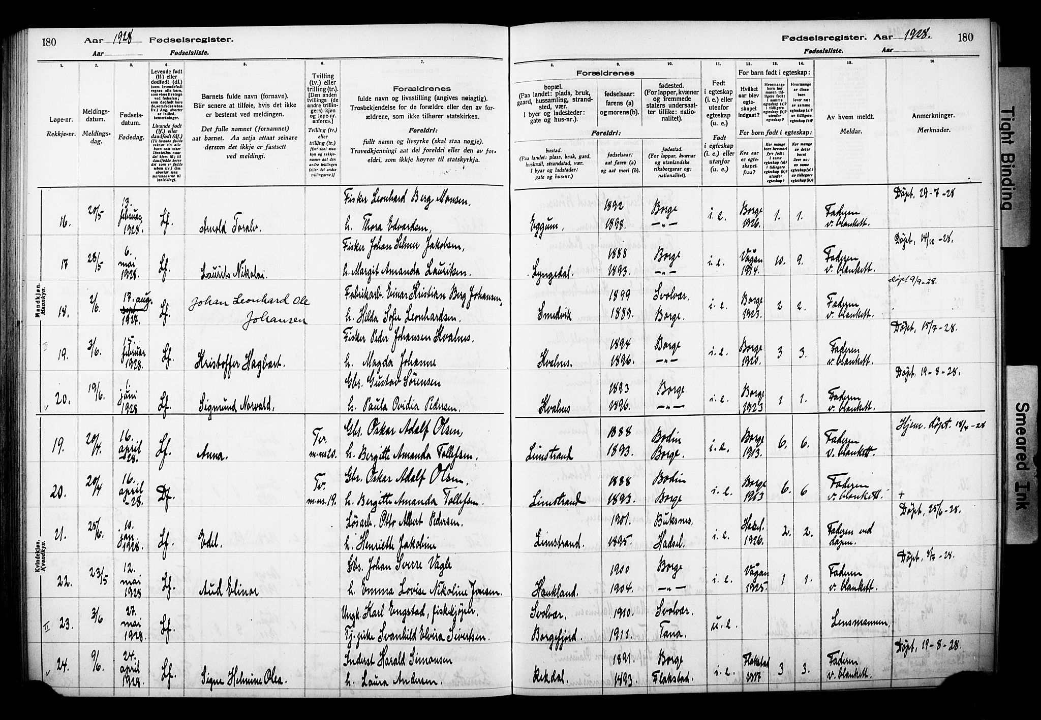 Ministerialprotokoller, klokkerbøker og fødselsregistre - Nordland, SAT/A-1459/880/L1145: Birth register no. 880.II.4.1, 1916-1929, p. 180