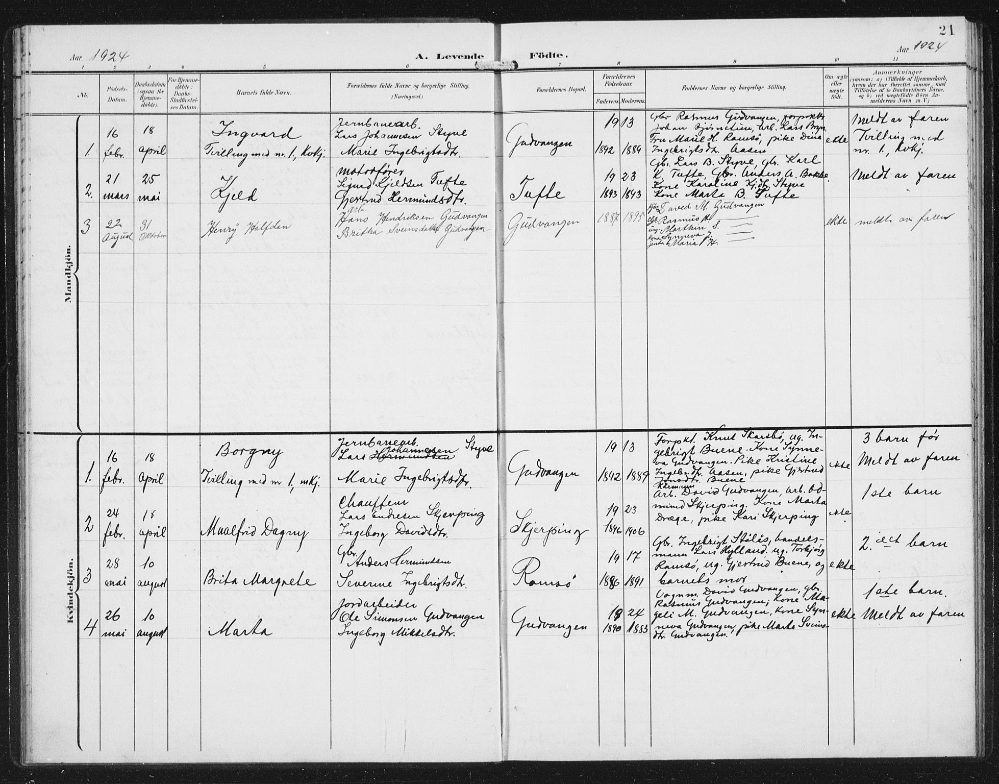 Aurland sokneprestembete, AV/SAB-A-99937/H/Hb/Hbc/L0003: Parish register (copy) no. C 3, 1901-1933, p. 21