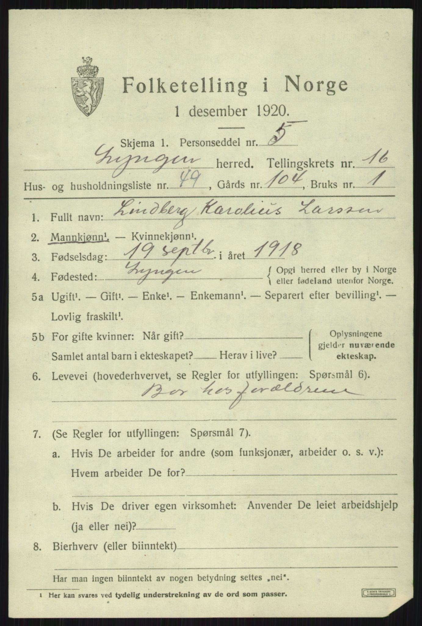 SATØ, 1920 census for Lyngen, 1920, p. 13877