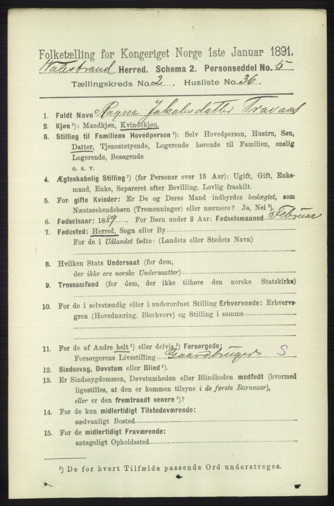 RA, 1891 census for 1217 Valestrand, 1891, p. 487