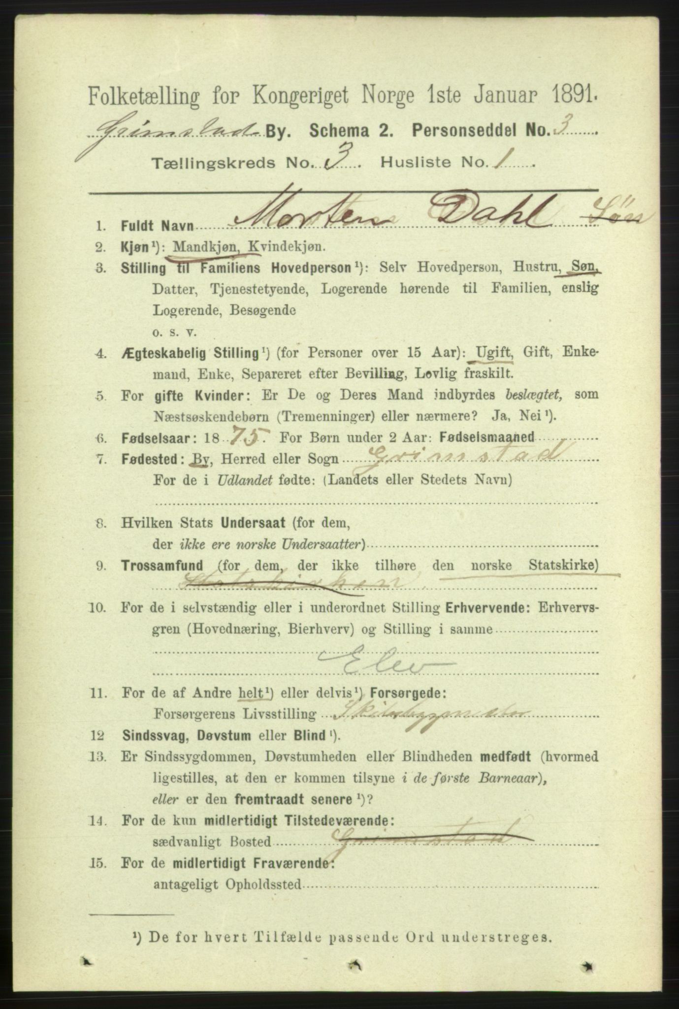 RA, 1891 census for 0904 Grimstad, 1891, p. 1998