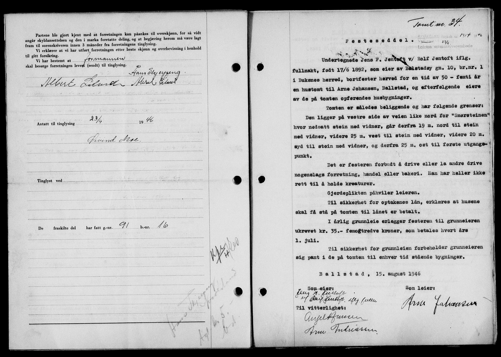 Lofoten sorenskriveri, SAT/A-0017/1/2/2C/L0014a: Mortgage book no. 14a, 1946-1946, Diary no: : 1314/1946