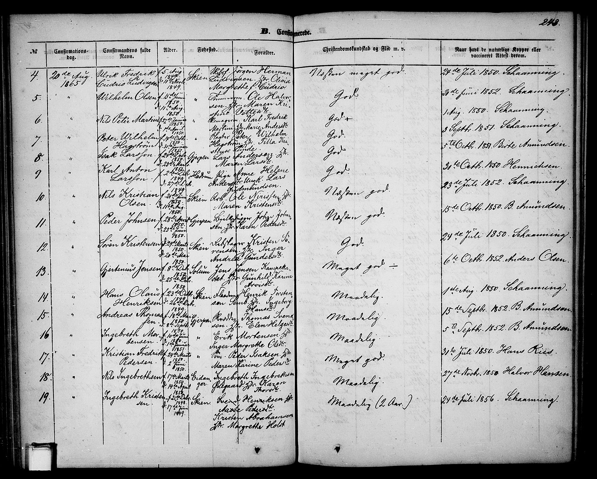 Skien kirkebøker, AV/SAKO-A-302/G/Ga/L0004: Parish register (copy) no. 4, 1843-1867, p. 248