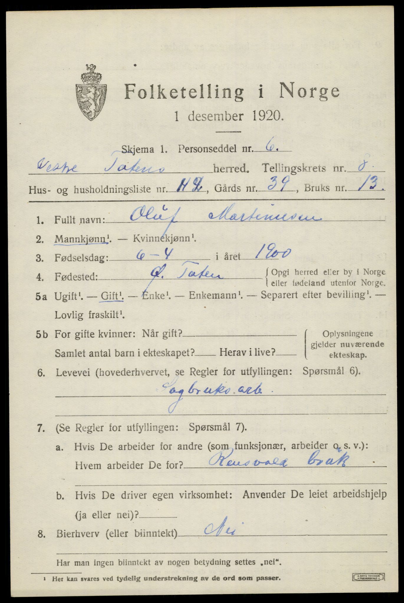 SAH, 1920 census for Vestre Toten, 1920, p. 11134