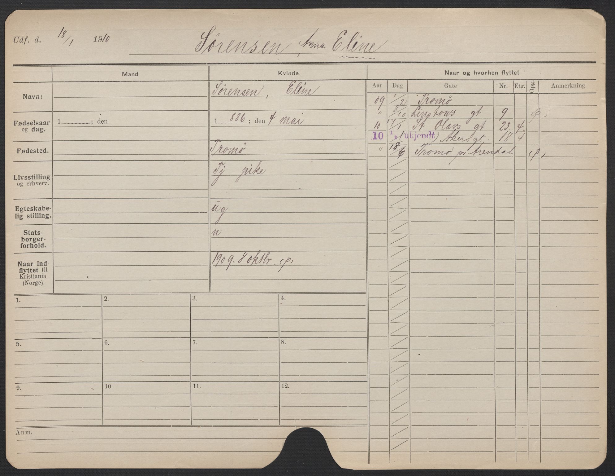 Oslo folkeregister, Registerkort, AV/SAO-A-11715/F/Fa/Fac/L0024: Kvinner, 1906-1914, p. 876a