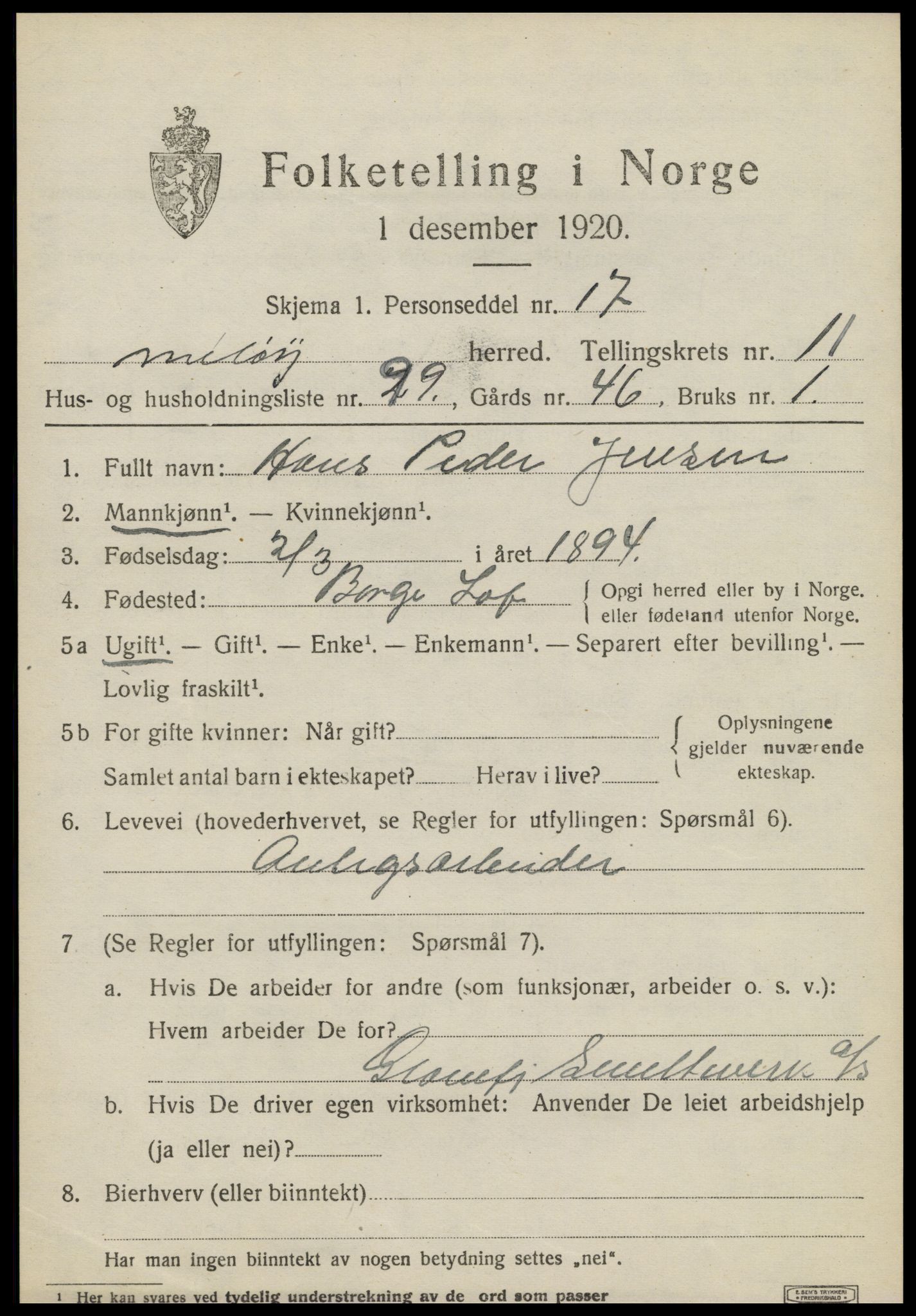 SAT, 1920 census for Meløy, 1920, p. 7581