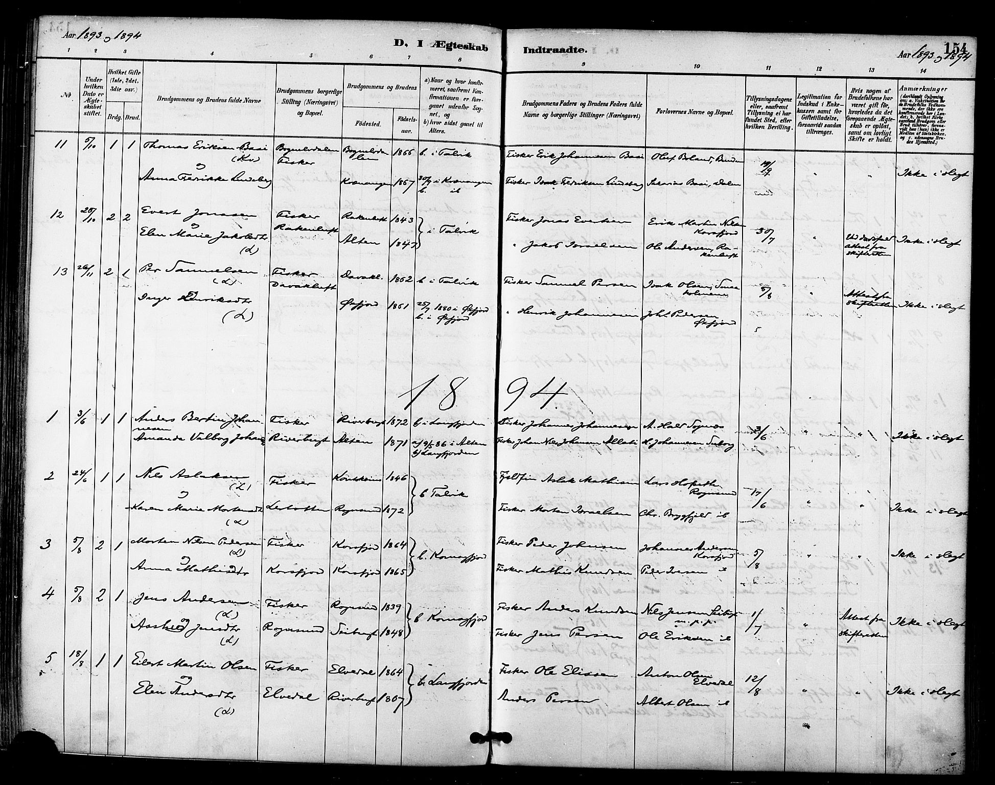 Talvik sokneprestkontor, SATØ/S-1337/H/Ha/L0013kirke: Parish register (official) no. 13, 1886-1897, p. 154