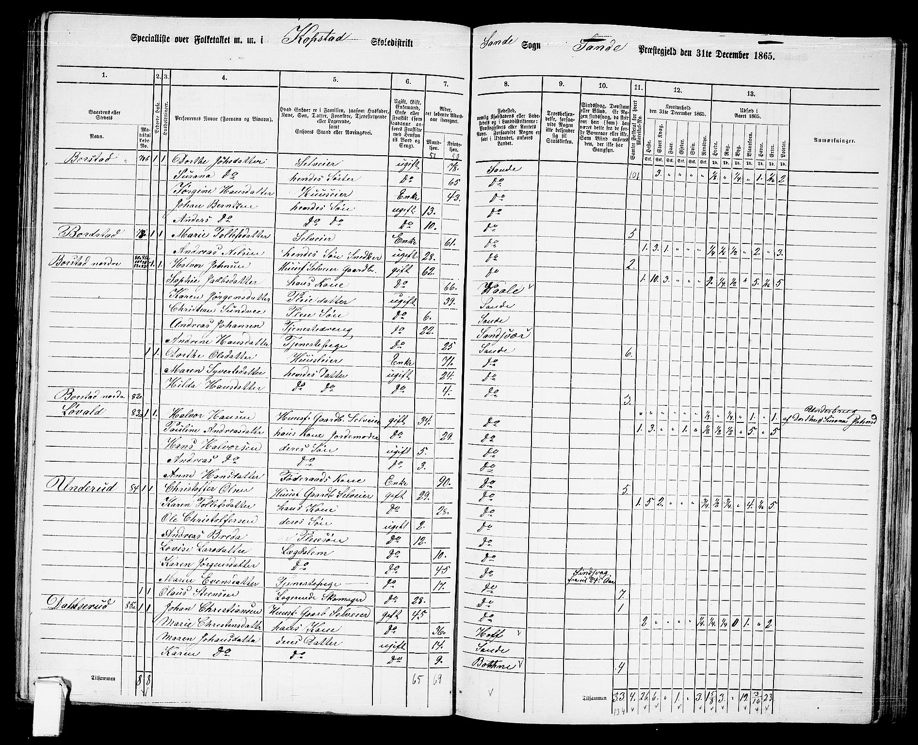 RA, 1865 census for Sande, 1865, p. 62