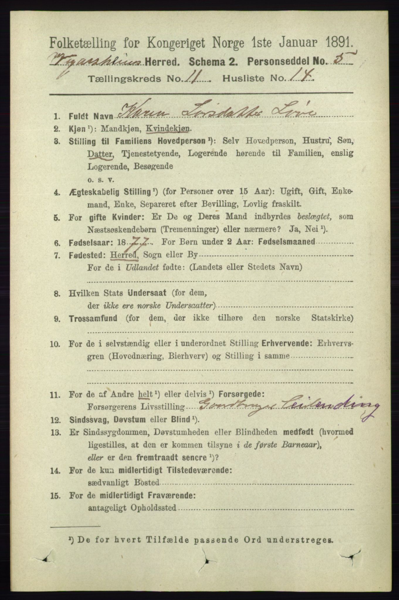 RA, 1891 census for 0912 Vegårshei, 1891, p. 2287