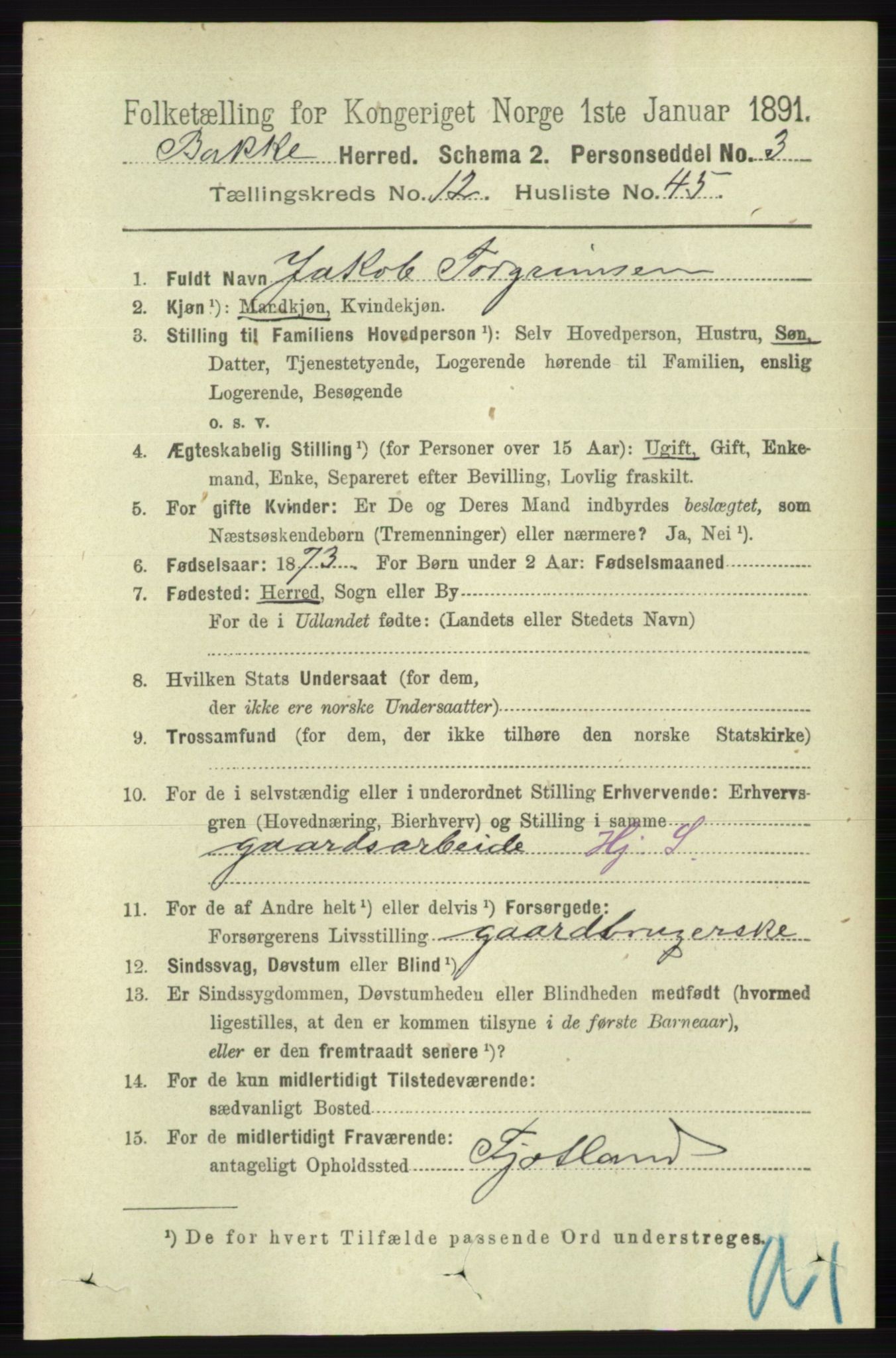 RA, 1891 census for 1045 Bakke, 1891, p. 2662